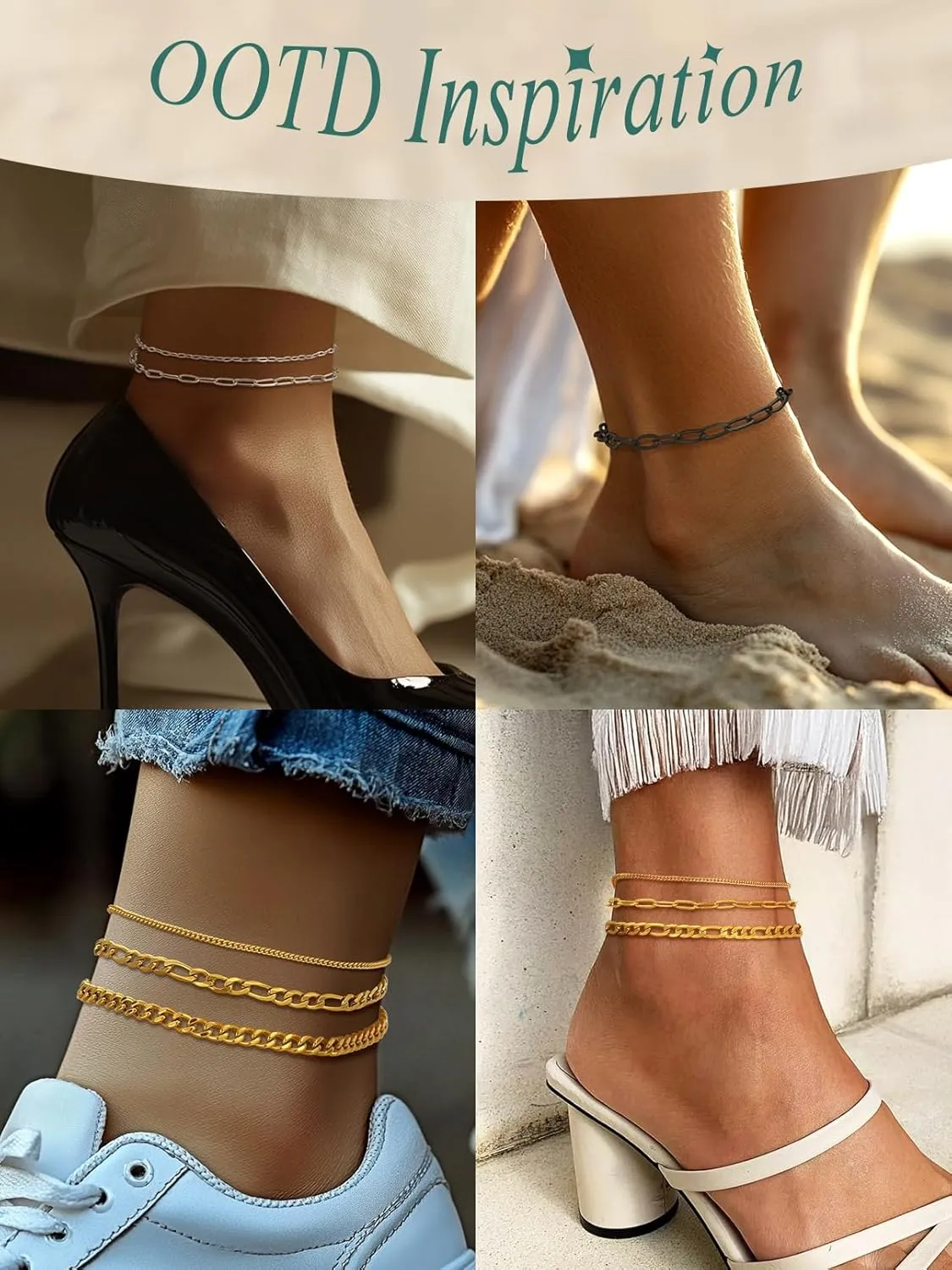 FaithHeart 1/2/3Pcs Ankle Bracelets for Women, Waterproof Layered Anklet Set Paperclip Figaro Cuban Link Chain Dainty Summer Beach Jewelry Gift for Women Adjustable Size