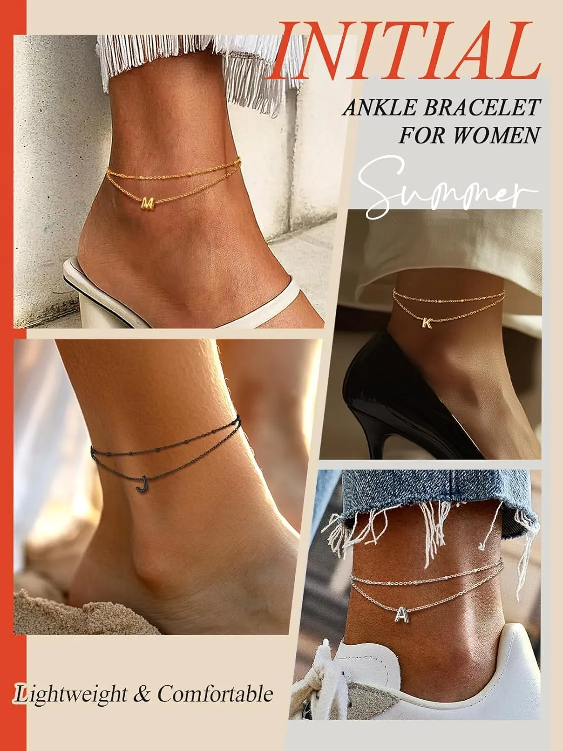 FaithHeart Initial Ankle Bracelets for Women, Waterproof 14k Gold Plated Initial Anklets Non Tarnish Stainless Steel Layered Anklet Summer Beach Foot Jewelry