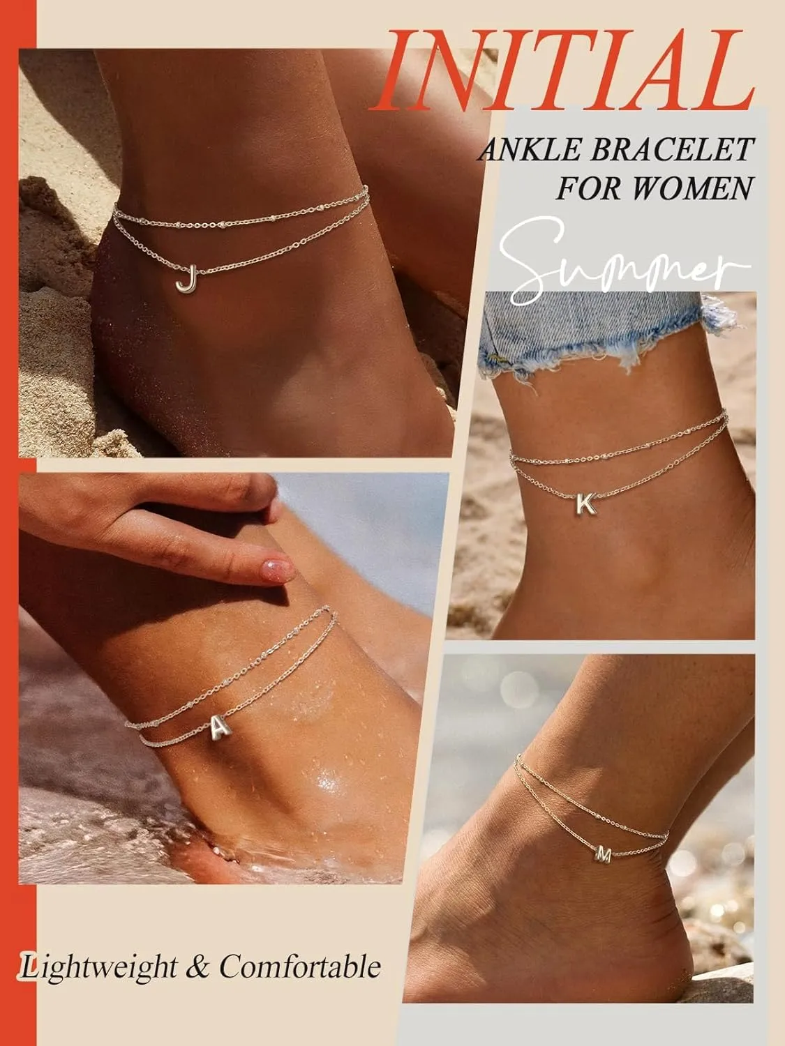 FaithHeart Initial Ankle Bracelets for Women, Waterproof 14k Gold Plated Initial Anklets Non Tarnish Stainless Steel Layered Anklet Summer Beach Foot Jewelry