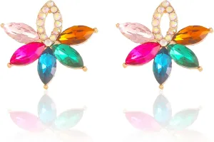 Fancy Rhinestone Statement Stud Earrings Flower Crystal Stud Drop Earrings Wedding Prom Earrings for Women