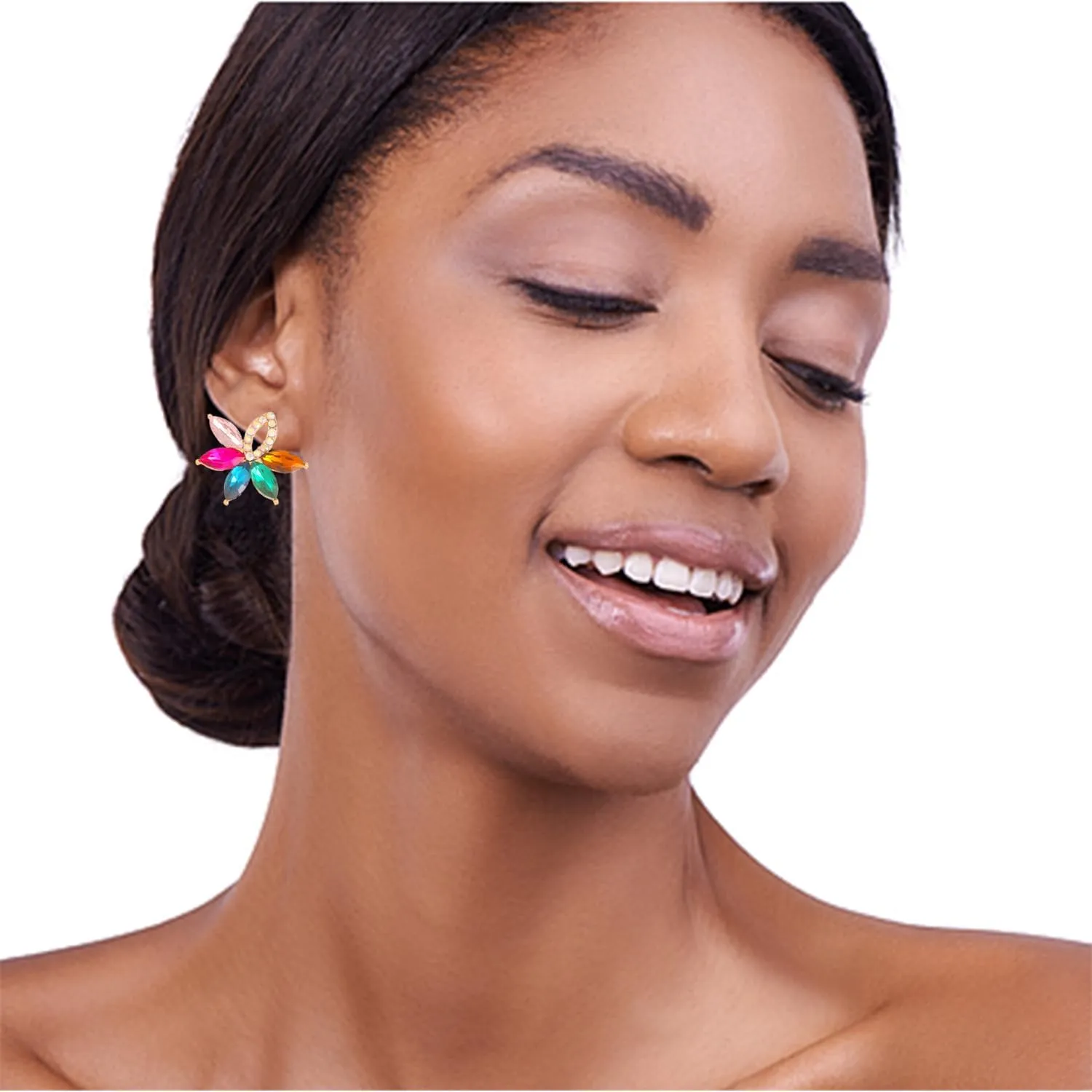 Fancy Rhinestone Statement Stud Earrings Flower Crystal Stud Drop Earrings Wedding Prom Earrings for Women