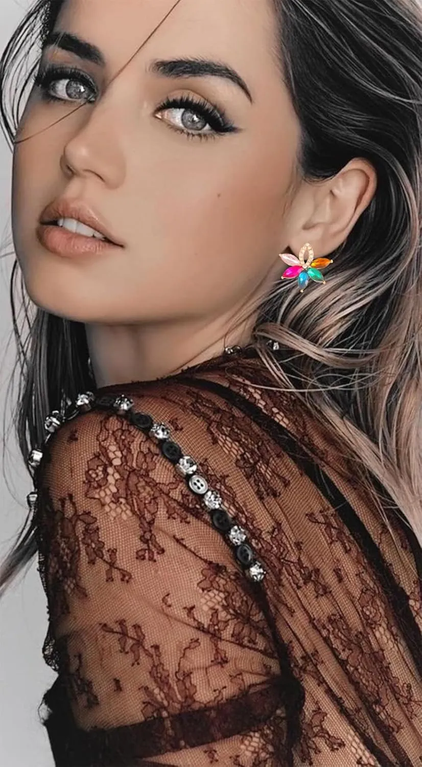 Fancy Rhinestone Statement Stud Earrings Flower Crystal Stud Drop Earrings Wedding Prom Earrings for Women