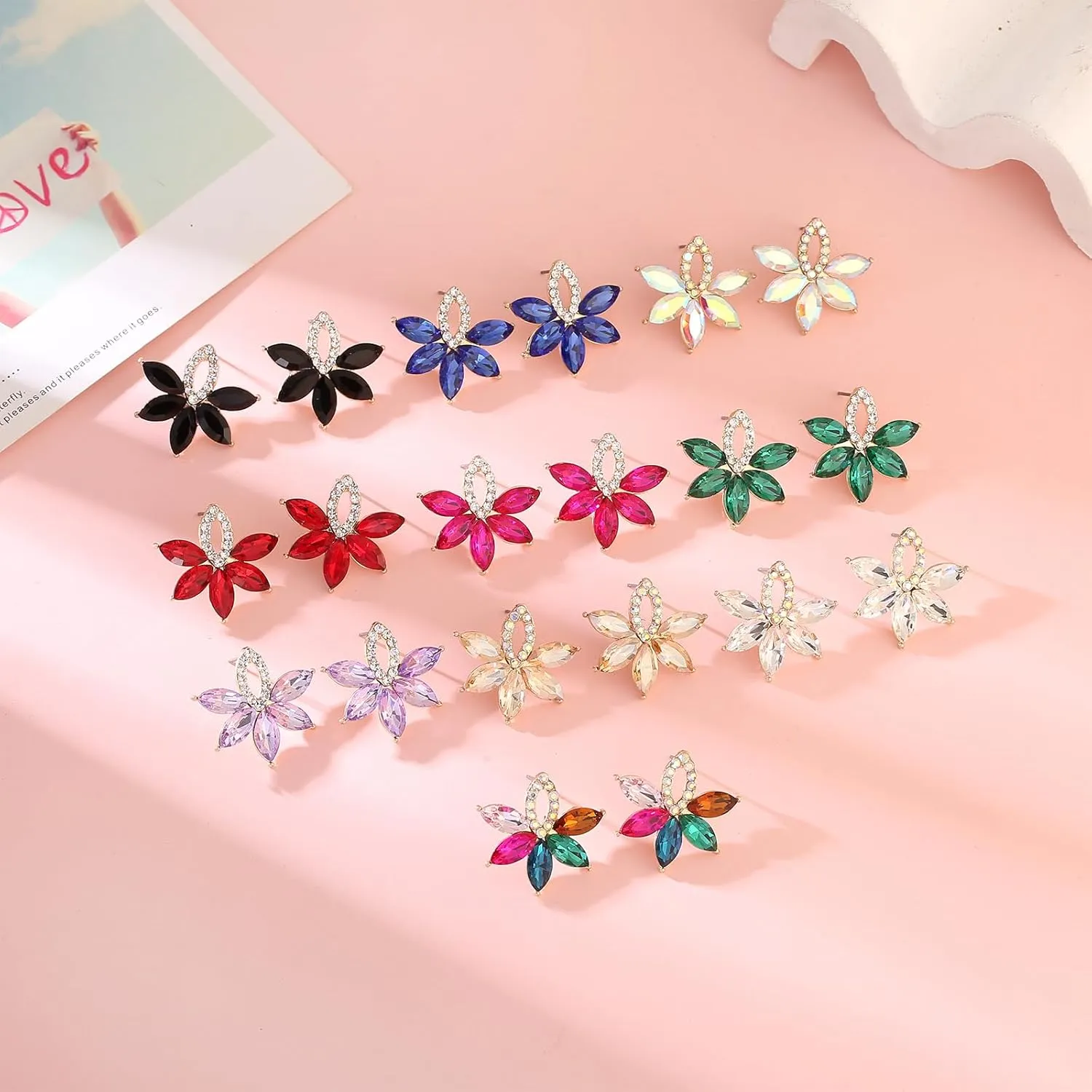 Fancy Rhinestone Statement Stud Earrings Flower Crystal Stud Drop Earrings Wedding Prom Earrings for Women