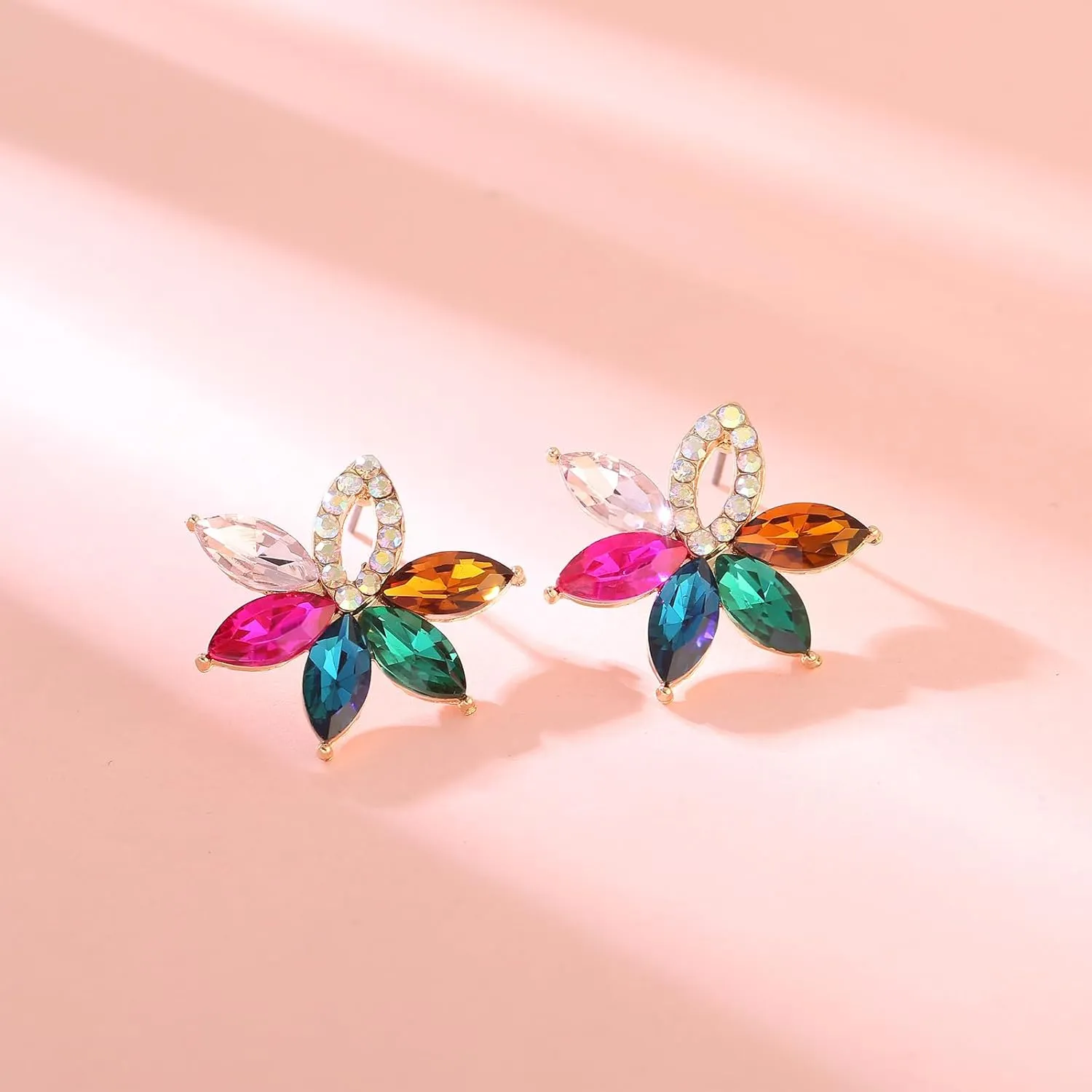 Fancy Rhinestone Statement Stud Earrings Flower Crystal Stud Drop Earrings Wedding Prom Earrings for Women