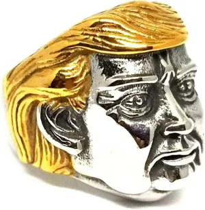 Fanshu Stainless Steel Titanium Hip Hop Punk Golden Hair Donald Trump 3D Face Band Rings for Men Women Fans Presidential Campaign Supporter Couple Friends Gift Fashion Statement Jewelry