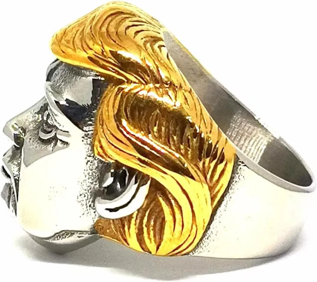 Fanshu Stainless Steel Titanium Hip Hop Punk Golden Hair Donald Trump 3D Face Band Rings for Men Women Fans Presidential Campaign Supporter Couple Friends Gift Fashion Statement Jewelry