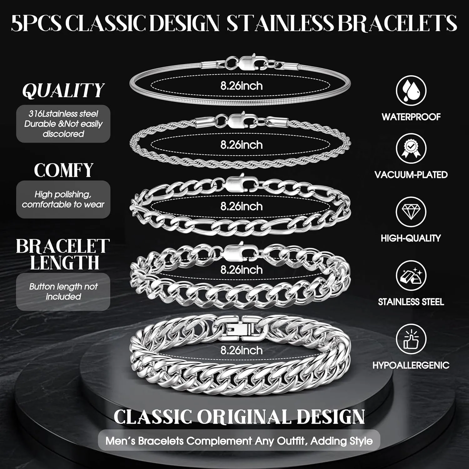 Fansilver 5 Pcs Stainless Steel Mens Bracelet Gold Silver Cuban Link Rope Figaro Cuban Chain Bracelets for Men Women 7.48/8.07/8.26 inches
