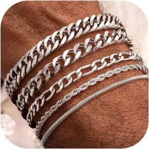 Fansilver 5 Pcs Stainless Steel Mens Bracelet Gold Silver Cuban Link Rope Figaro Cuban Chain Bracelets for Men Women 7.48/8.07/8.26 inches
