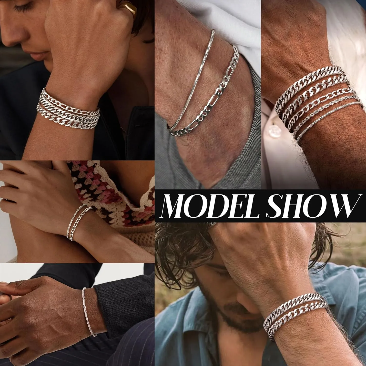 Fansilver 5 Pcs Stainless Steel Mens Bracelet Gold Silver Cuban Link Rope Figaro Cuban Chain Bracelets for Men Women 7.48/8.07/8.26 inches