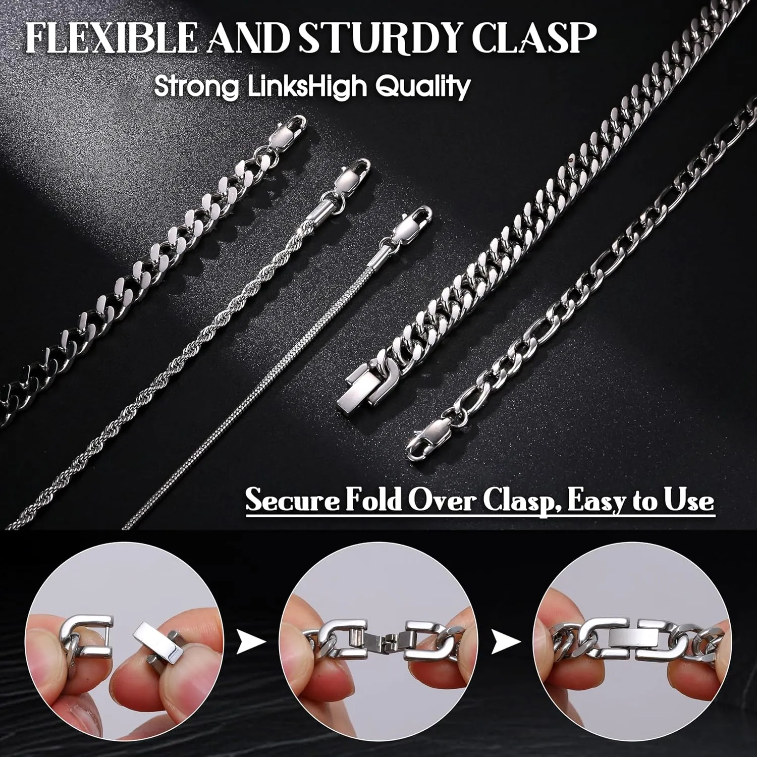 Fansilver 5 Pcs Stainless Steel Mens Bracelet Gold Silver Cuban Link Rope Figaro Cuban Chain Bracelets for Men Women 7.48/8.07/8.26 inches