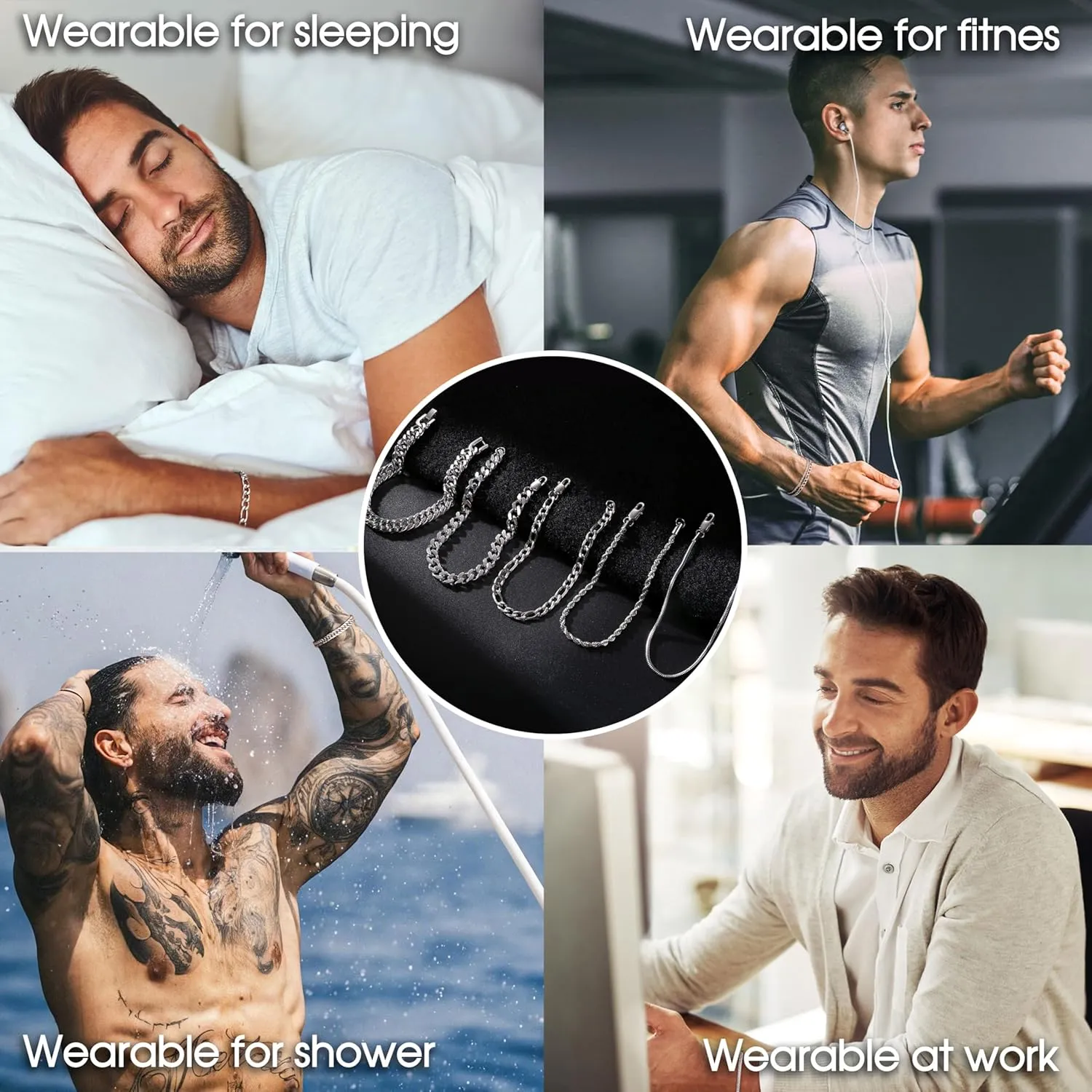 Fansilver 5 Pcs Stainless Steel Mens Bracelet Gold Silver Cuban Link Rope Figaro Cuban Chain Bracelets for Men Women 7.48/8.07/8.26 inches