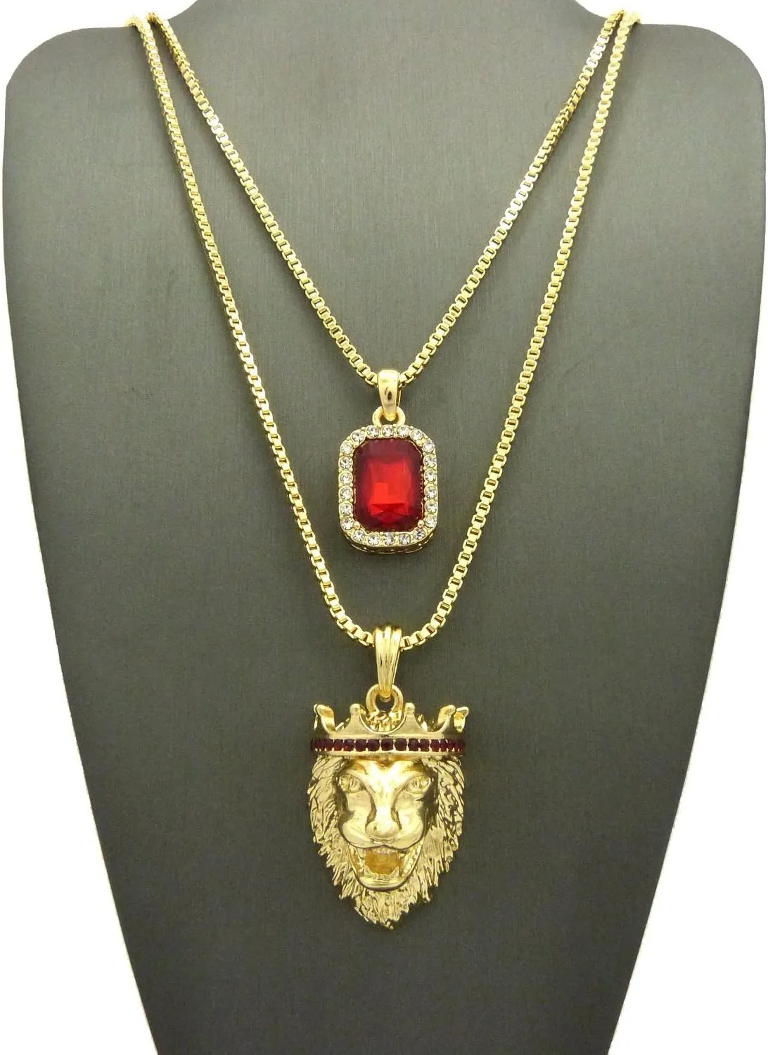 Fashion 21 Gold Tone Micro Colorful Gemstone King Crown Lion Head Pendant 2mm 24", 30" Box Chain 2 Necklace Set