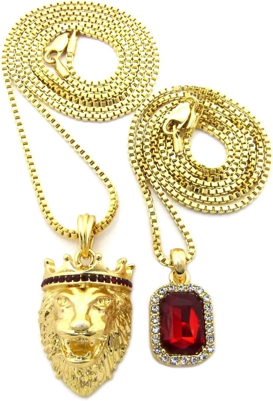Fashion 21 Gold Tone Micro Colorful Gemstone King Crown Lion Head Pendant 2mm 24", 30" Box Chain 2 Necklace Set