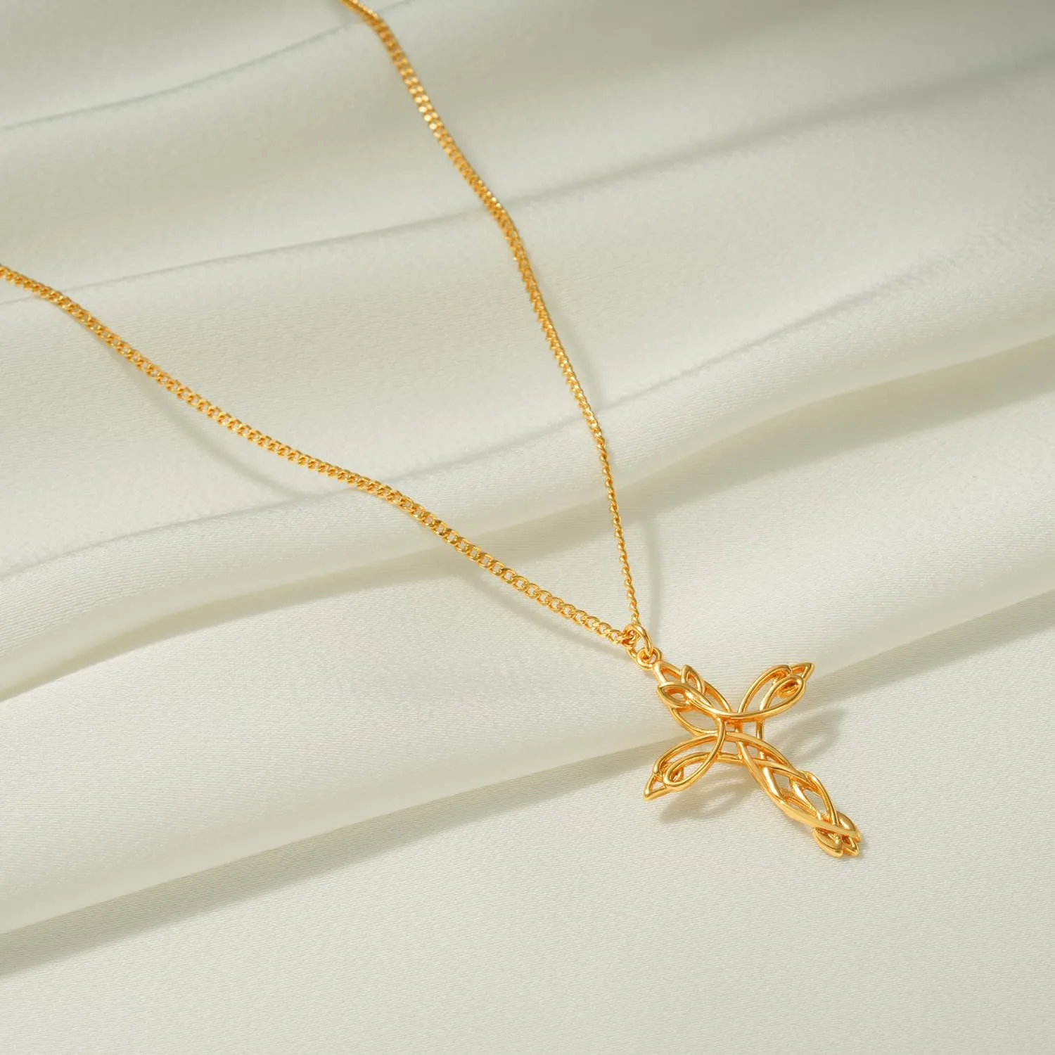 Fettero Cross Necklace for Women 14K Gold Plated Iris Cross Pendant Faith Necklace Jewelry CZ Cross Pendant Necklace Adjustable Chain Necklace Jewelry