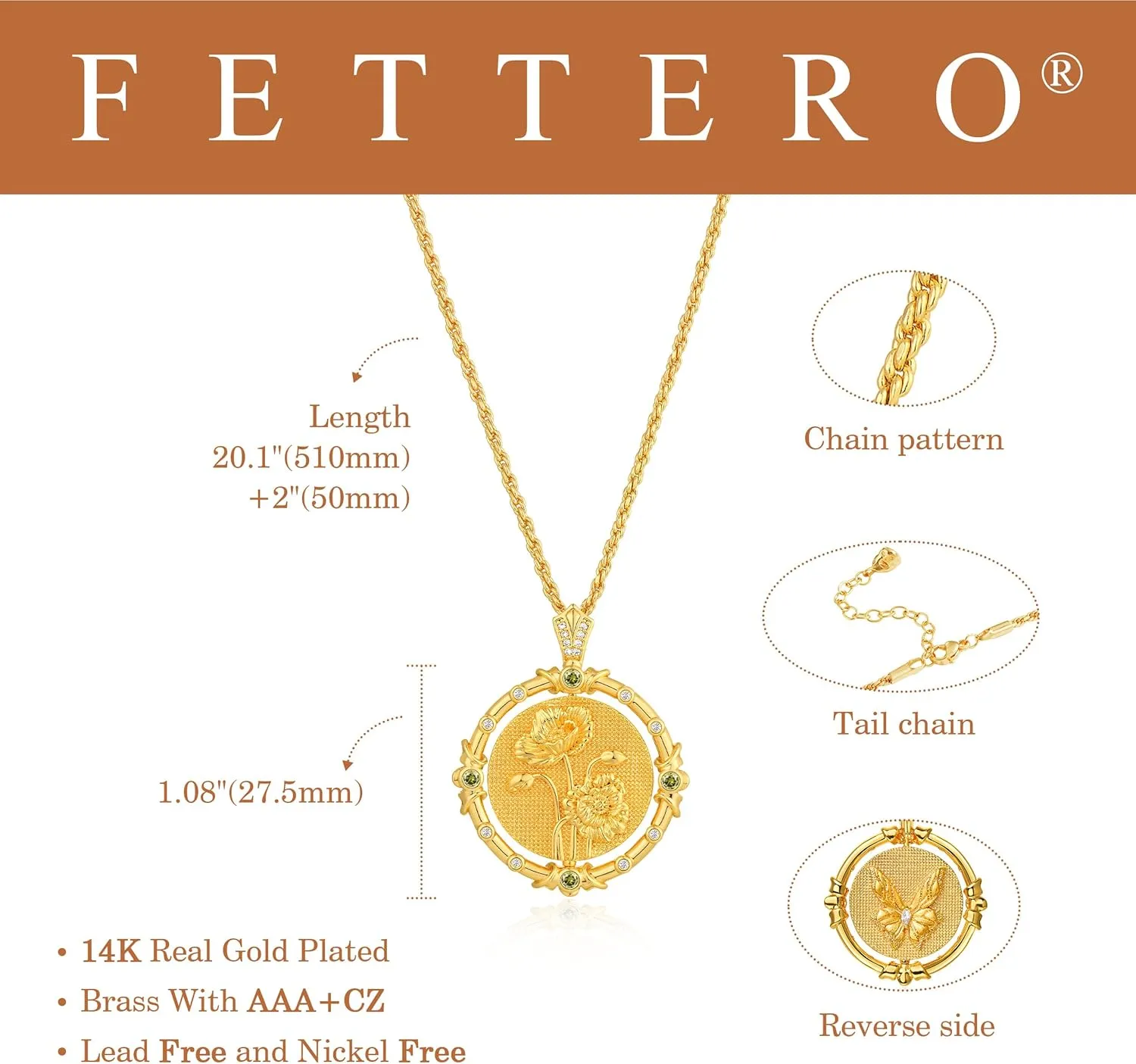 Fettero Gold Necklace for Women Birth Flower Necklace with Birthstone 14K Gold Plated Dainty Rotating Coin Pendant Necklace Personalized Birth Month Jewelry for Birthday Mother's Day Gift 12 Month