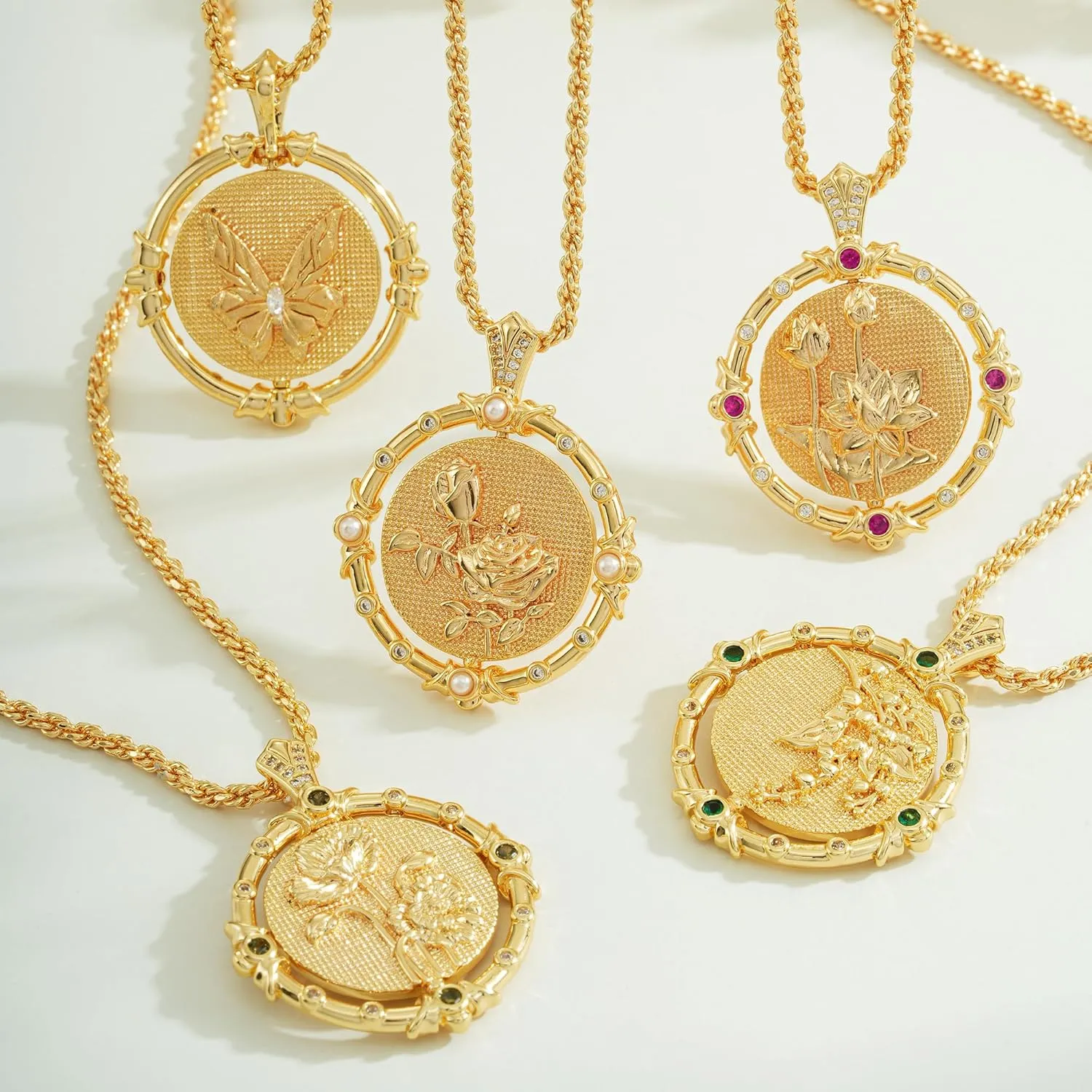 Fettero Gold Necklace for Women Birth Flower Necklace with Birthstone 14K Gold Plated Dainty Rotating Coin Pendant Necklace Personalized Birth Month Jewelry for Birthday Mother's Day Gift 12 Month