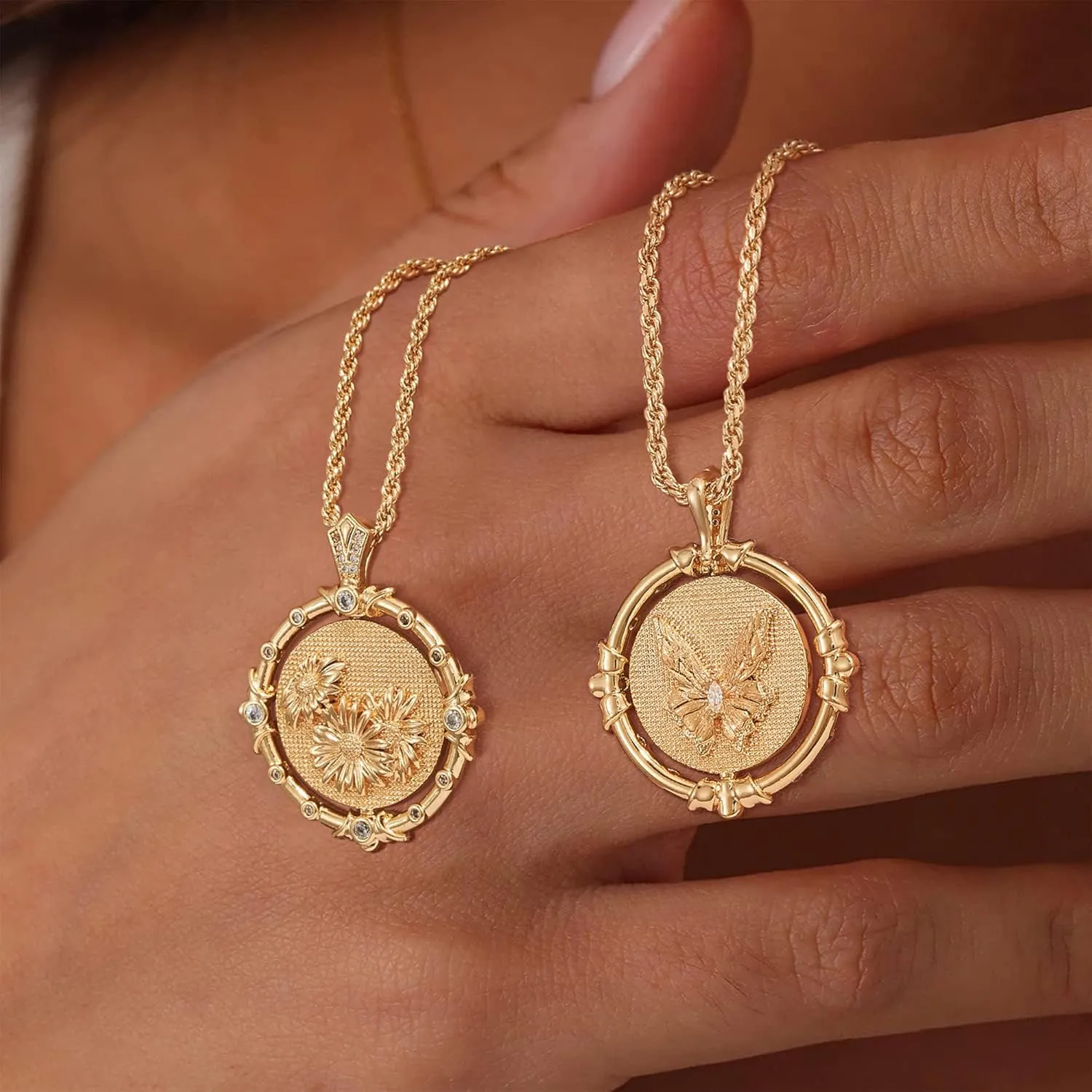Fettero Gold Necklace for Women Birth Flower Necklace with Birthstone 14K Gold Plated Dainty Rotating Coin Pendant Necklace Personalized Birth Month Jewelry for Birthday Mother's Day Gift 12 Month