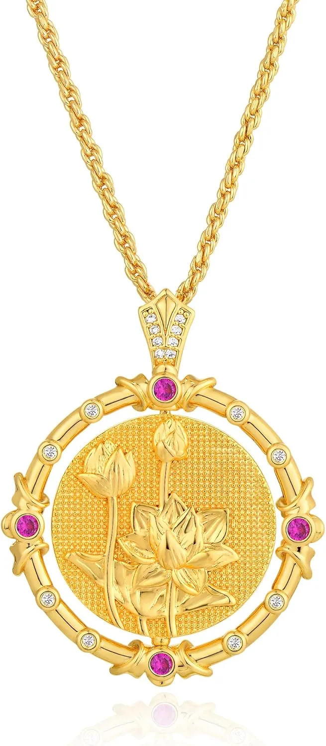 Fettero Gold Necklace for Women Birth Flower Necklace with Birthstone 14K Gold Plated Dainty Rotating Coin Pendant Necklace Personalized Birth Month Jewelry for Birthday Mother's Day Gift 12 Month
