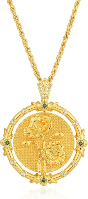 Fettero Gold Necklace for Women Birth Flower Necklace with Birthstone 14K Gold Plated Dainty Rotating Coin Pendant Necklace Personalized Birth Month Jewelry for Birthday Mother's Day Gift 12 Month