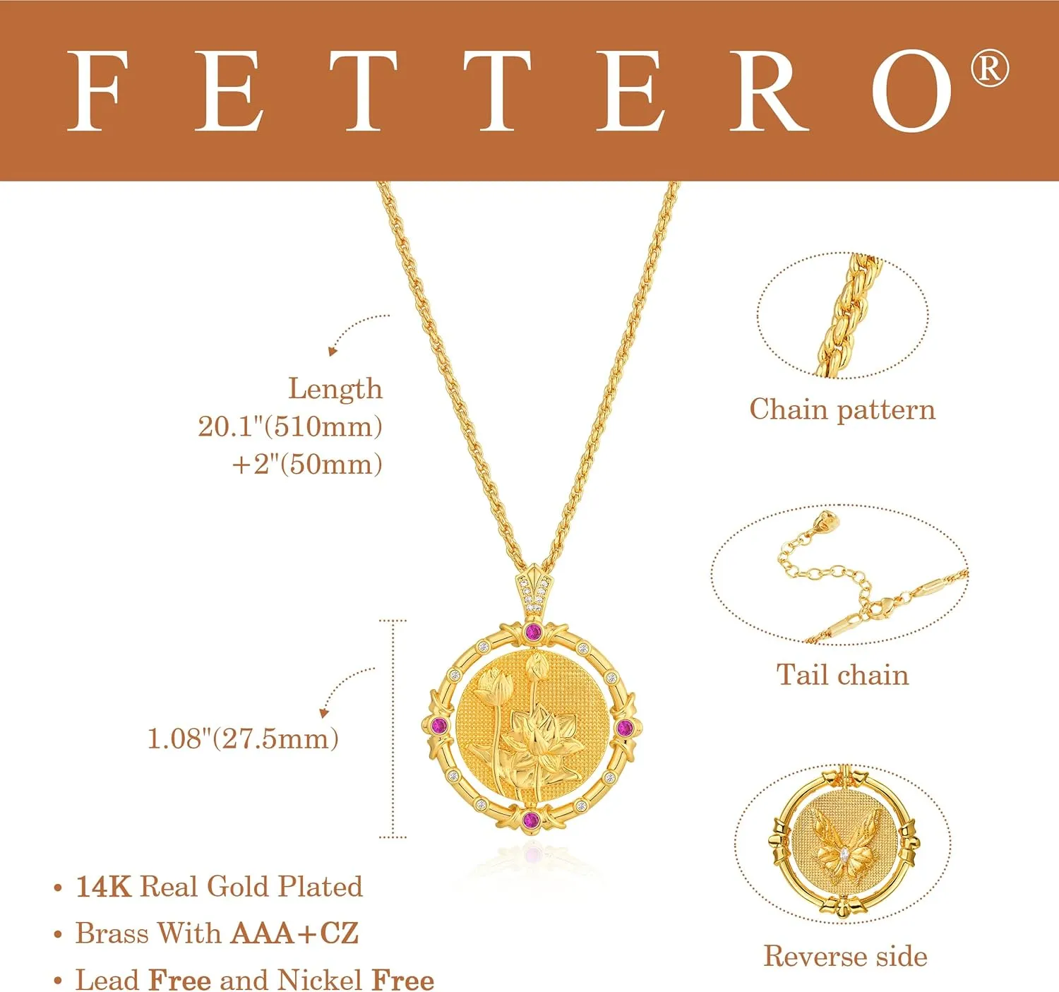 Fettero Gold Necklace for Women Birth Flower Necklace with Birthstone 14K Gold Plated Dainty Rotating Coin Pendant Necklace Personalized Birth Month Jewelry for Birthday Mother's Day Gift 12 Month