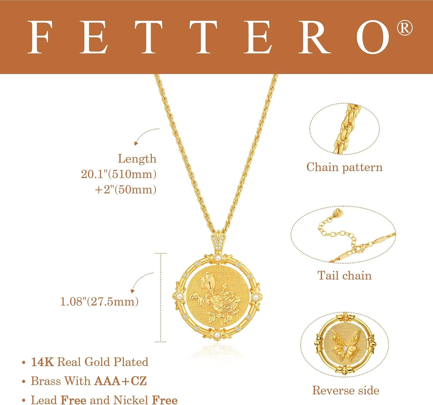Fettero Gold Necklace for Women Birth Flower Necklace with Birthstone 14K Gold Plated Dainty Rotating Coin Pendant Necklace Personalized Birth Month Jewelry for Birthday Mother's Day Gift 12 Month