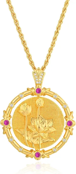 Fettero Gold Necklace for Women Birth Flower Necklace with Birthstone 14K Gold Plated Dainty Rotating Coin Pendant Necklace Personalized Birth Month Jewelry for Birthday Mother's Day Gift 12 Month