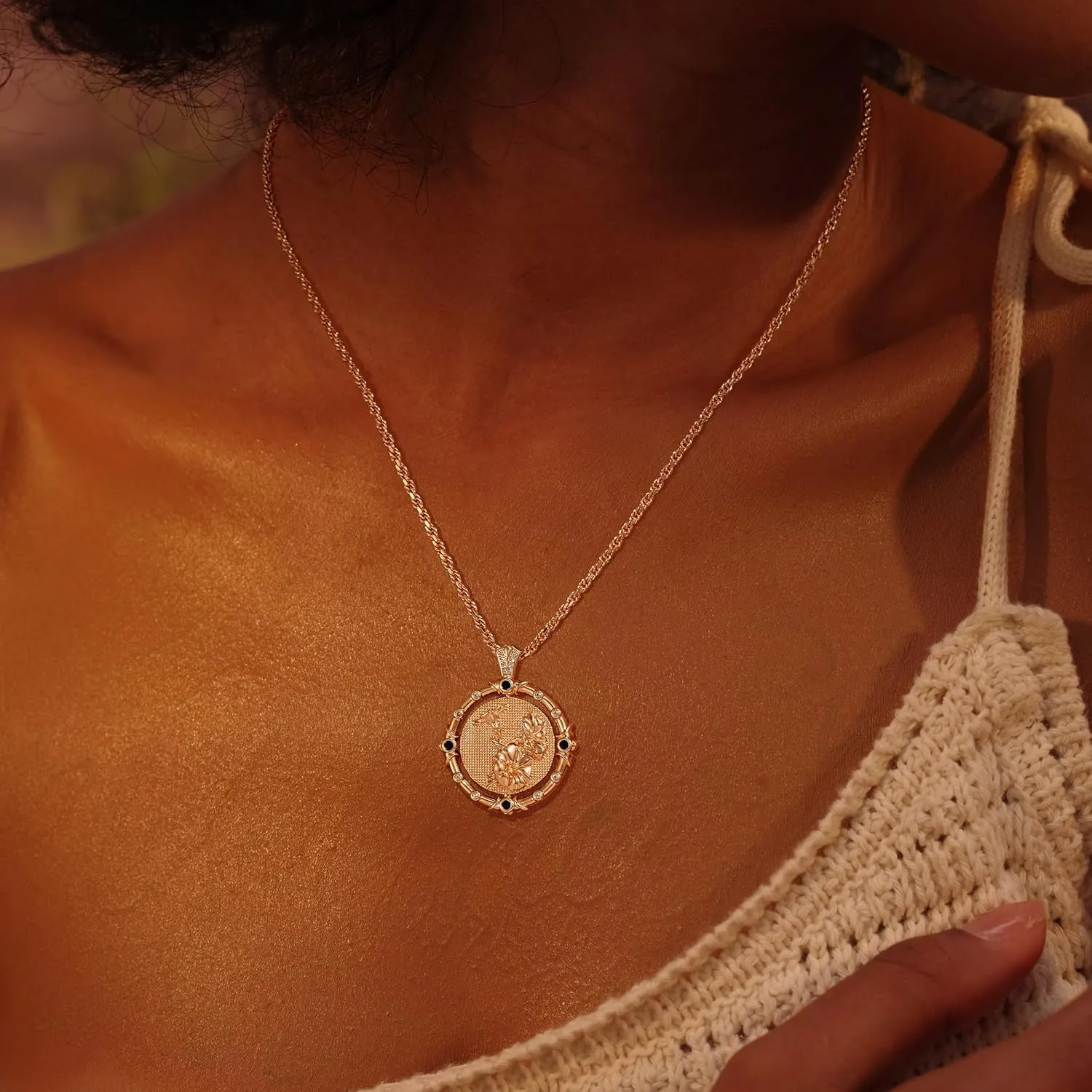 Fettero Gold Necklace for Women Birth Flower Necklace with Birthstone 14K Gold Plated Dainty Rotating Coin Pendant Necklace Personalized Birth Month Jewelry for Birthday Mother's Day Gift 12 Month