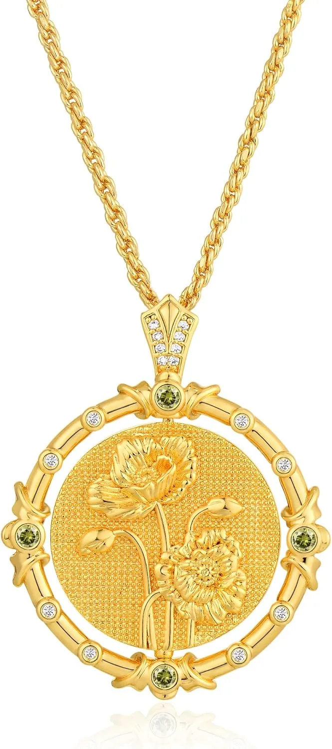 Fettero Gold Necklace for Women Birth Flower Necklace with Birthstone 14K Gold Plated Dainty Rotating Coin Pendant Necklace Personalized Birth Month Jewelry for Birthday Mother's Day Gift 12 Month