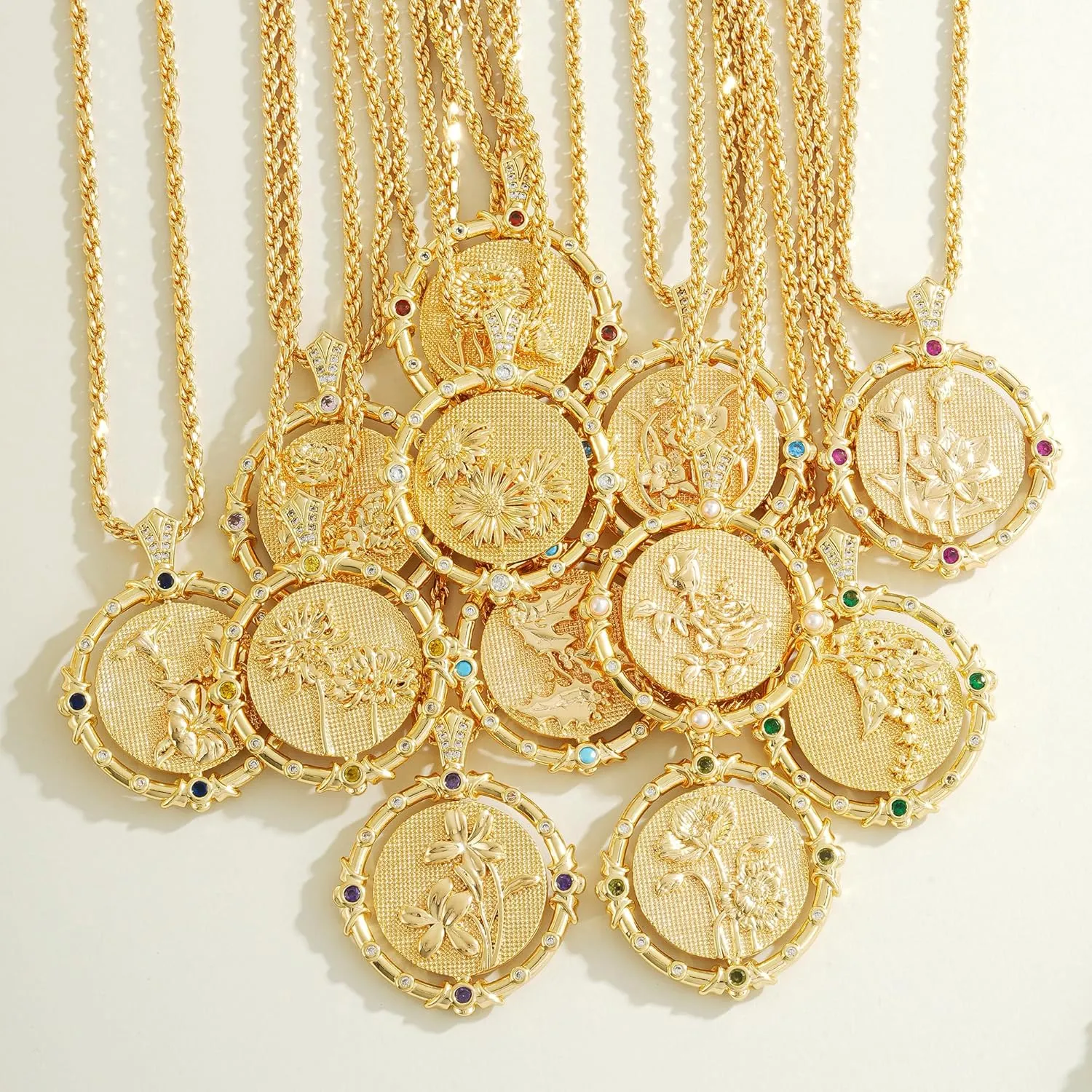 Fettero Gold Necklace for Women Birth Flower Necklace with Birthstone 14K Gold Plated Dainty Rotating Coin Pendant Necklace Personalized Birth Month Jewelry for Birthday Mother's Day Gift 12 Month
