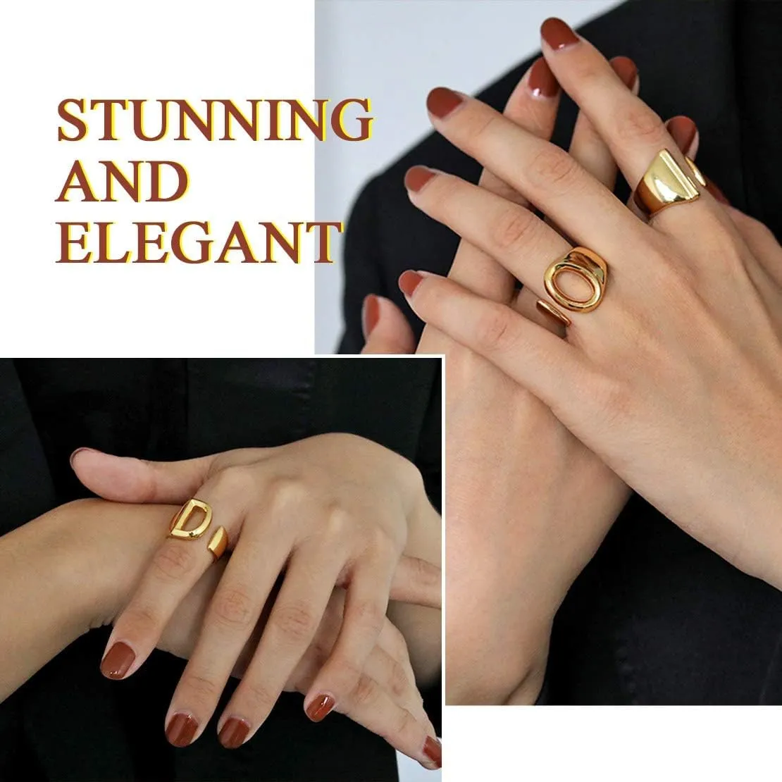 FindChic Customizable Initial Ring Statement 18K Gold Plated Fashion Cuff Rings for Women Alphabet Letter A to Z Resizable Knuckle Ring (with Gift Box)