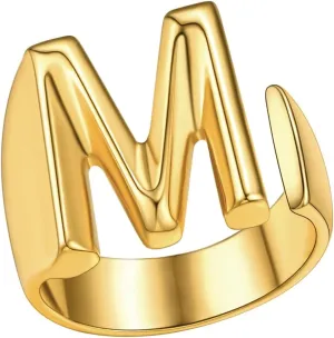 FindChic Customizable Initial Ring Statement 18K Gold Plated Fashion Cuff Rings for Women Alphabet Letter A to Z Resizable Knuckle Ring (with Gift Box)