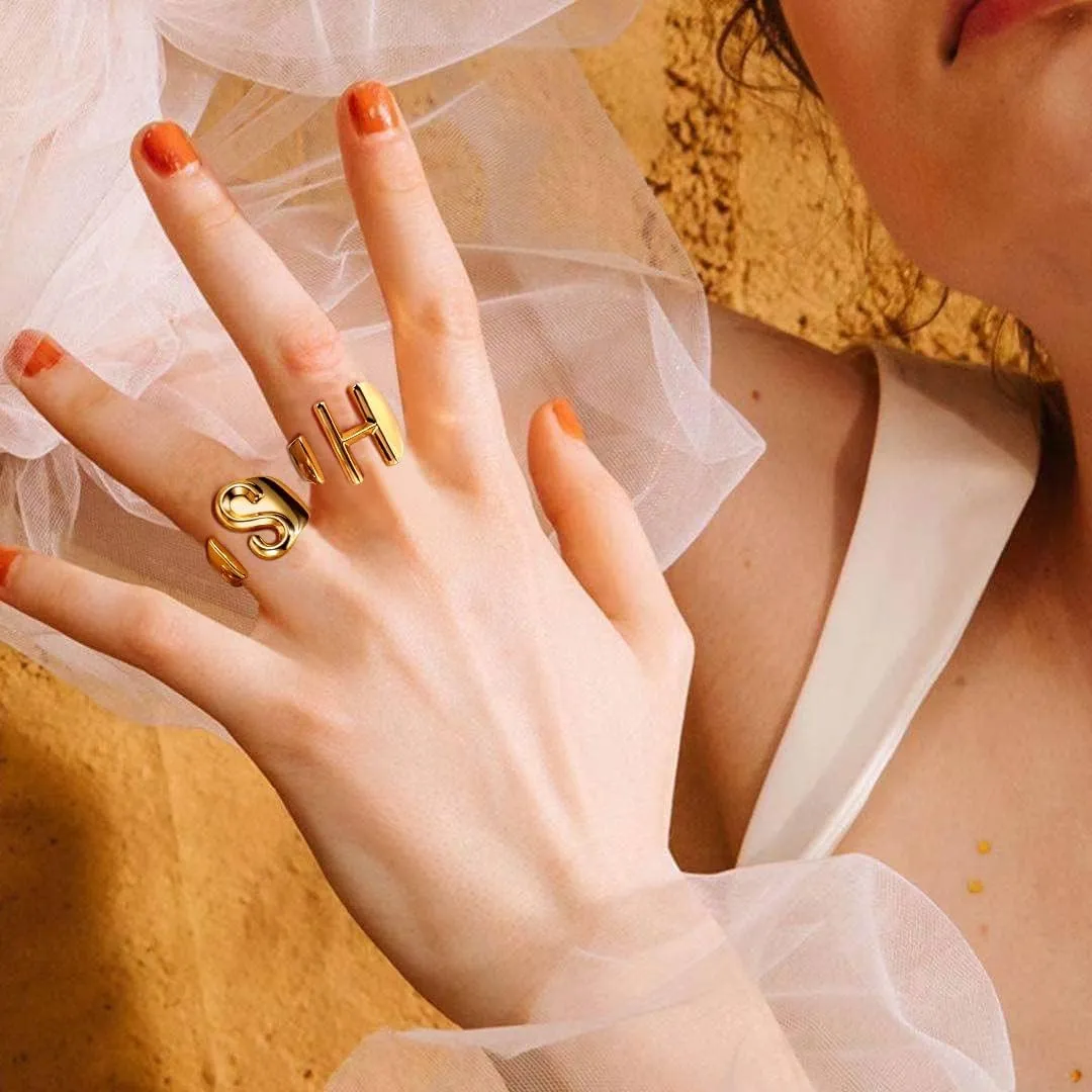 FindChic Customizable Initial Ring Statement 18K Gold Plated Fashion Cuff Rings for Women Alphabet Letter A to Z Resizable Knuckle Ring (with Gift Box)