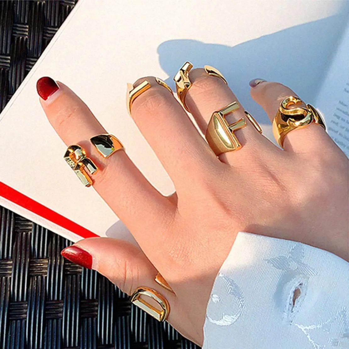 FindChic Customizable Initial Ring Statement 18K Gold Plated Fashion Cuff Rings for Women Alphabet Letter A to Z Resizable Knuckle Ring (with Gift Box)