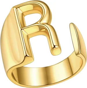 FindChic Customizable Initial Ring Statement 18K Gold Plated Fashion Cuff Rings for Women Alphabet Letter A to Z Resizable Knuckle Ring (with Gift Box)