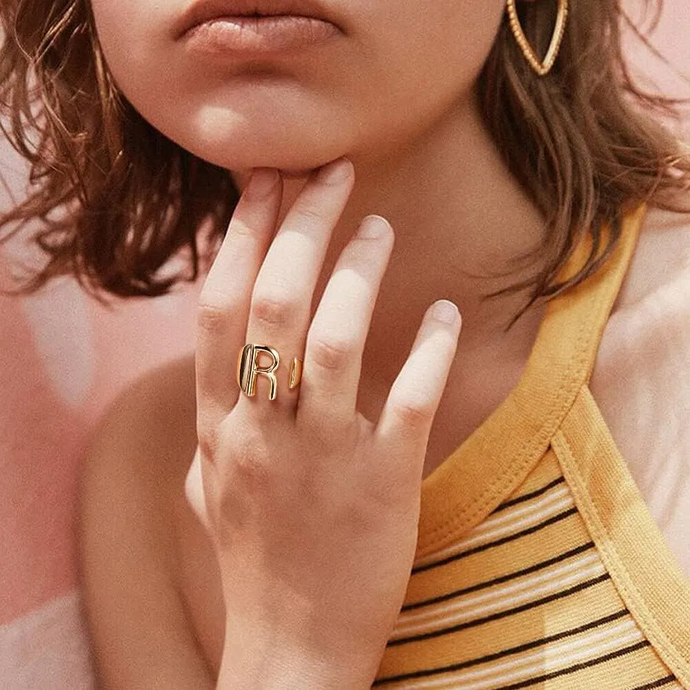 FindChic Customizable Initial Ring Statement 18K Gold Plated Fashion Cuff Rings for Women Alphabet Letter A to Z Resizable Knuckle Ring (with Gift Box)