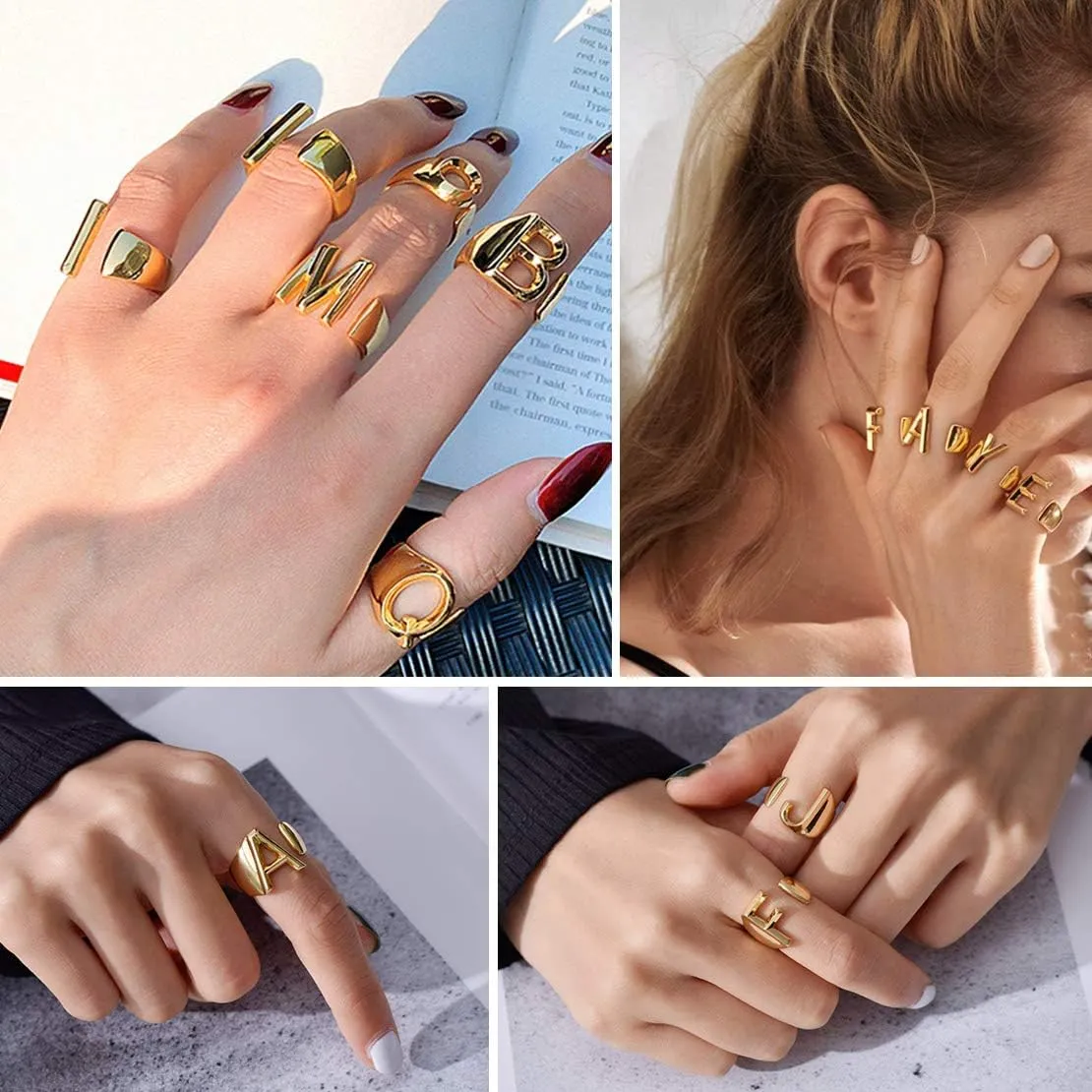 FindChic Customizable Initial Ring Statement 18K Gold Plated Fashion Cuff Rings for Women Alphabet Letter A to Z Resizable Knuckle Ring (with Gift Box)