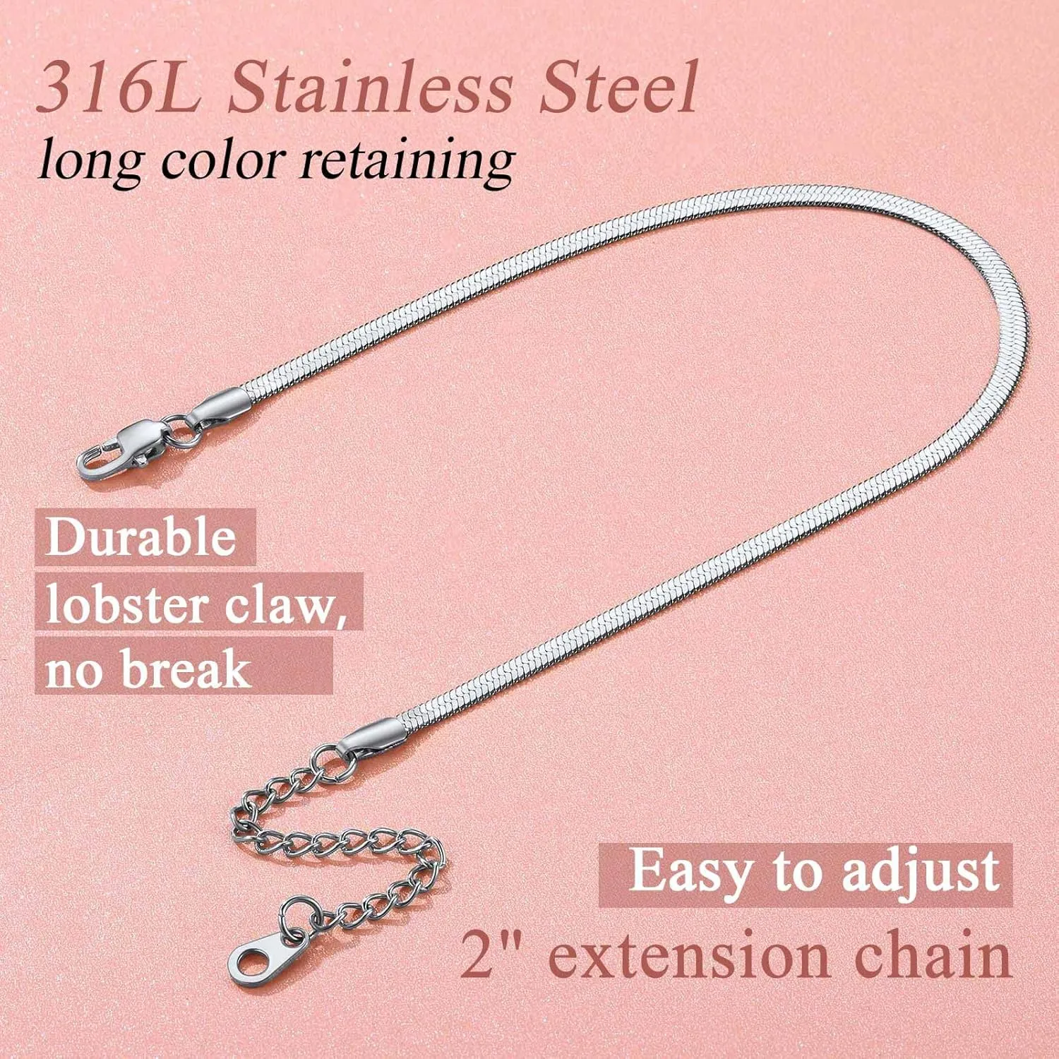 FindChic Elegant Herringbone Snake Chain Anklets/Bracelets 3MM/5MM Width Stainless Steel/18K Gold/Rose Gold Plated/Black 4 Color Options, 8.3'' 8.5'' 10.5'' Length, with Gift Box