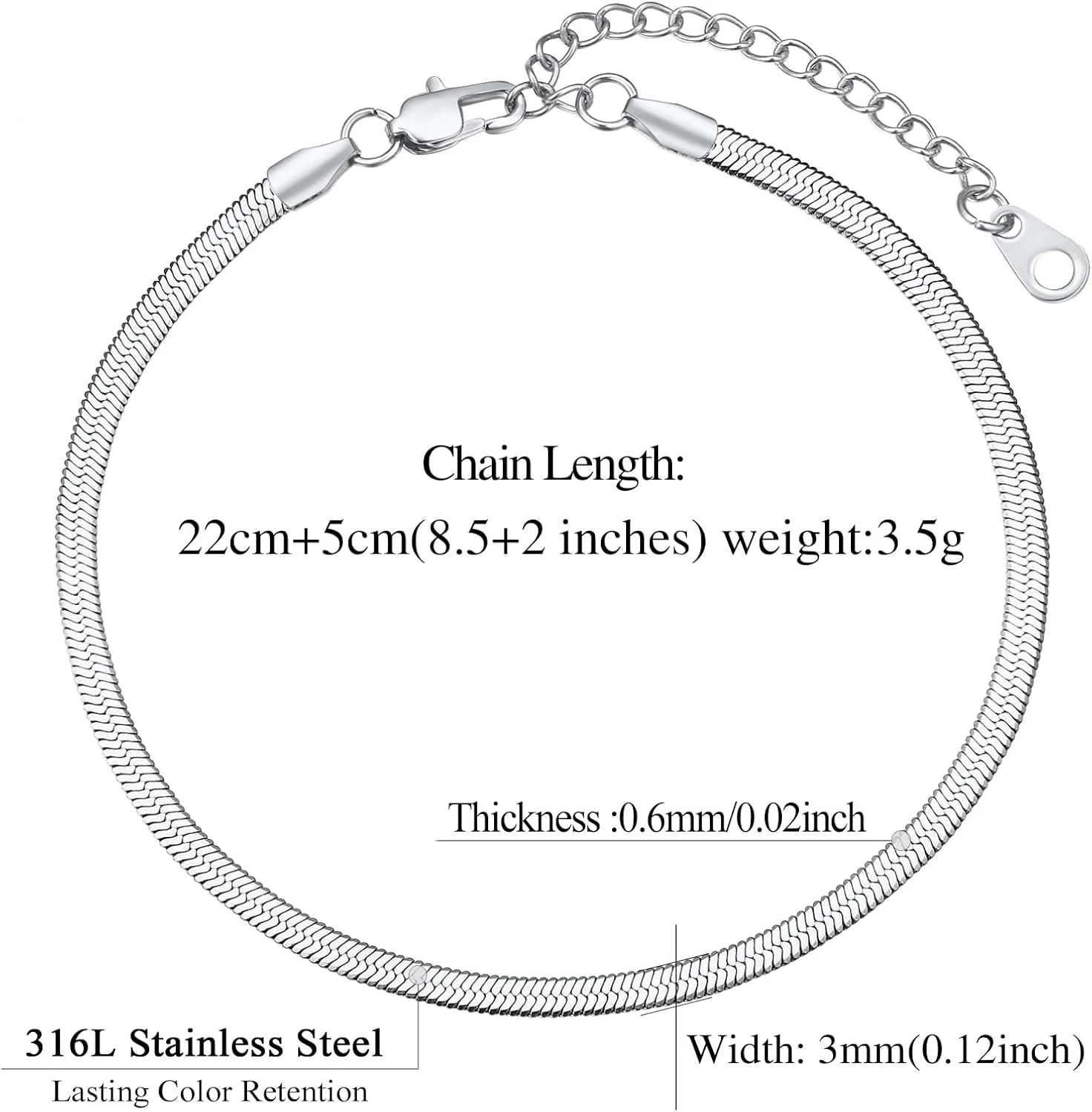 FindChic Elegant Herringbone Snake Chain Anklets/Bracelets 3MM/5MM Width Stainless Steel/18K Gold/Rose Gold Plated/Black 4 Color Options, 8.3'' 8.5'' 10.5'' Length, with Gift Box