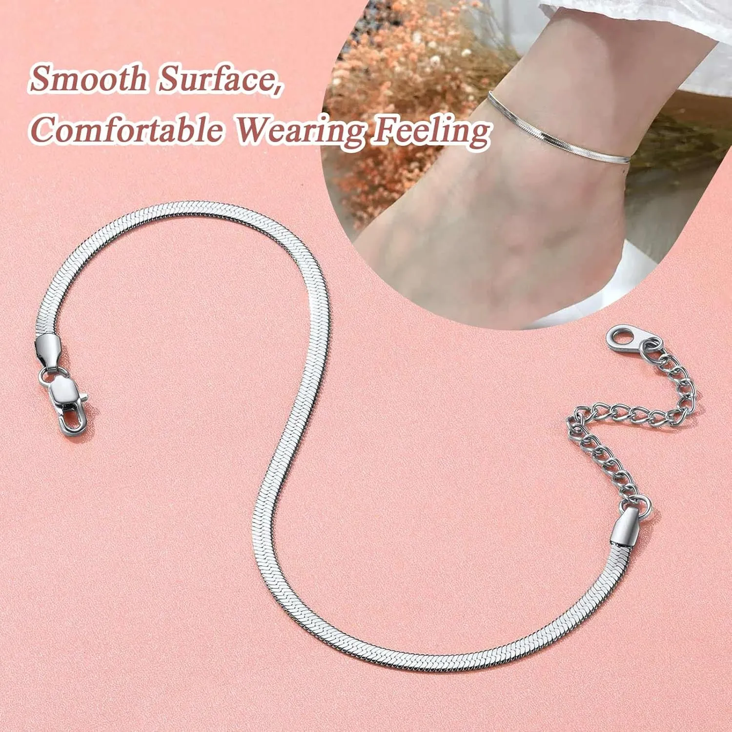 FindChic Elegant Herringbone Snake Chain Anklets/Bracelets 3MM/5MM Width Stainless Steel/18K Gold/Rose Gold Plated/Black 4 Color Options, 8.3'' 8.5'' 10.5'' Length, with Gift Box