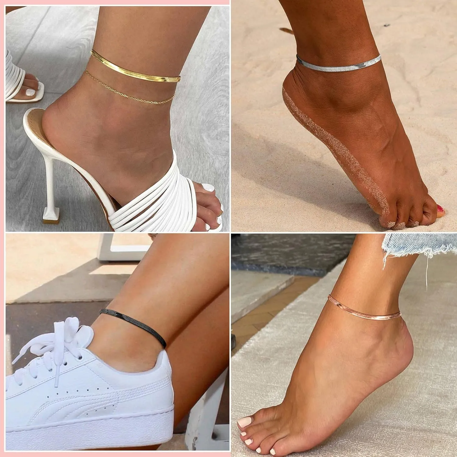 FindChic Elegant Herringbone Snake Chain Anklets/Bracelets 3MM/5MM Width Stainless Steel/18K Gold/Rose Gold Plated/Black 4 Color Options, 8.3'' 8.5'' 10.5'' Length, with Gift Box
