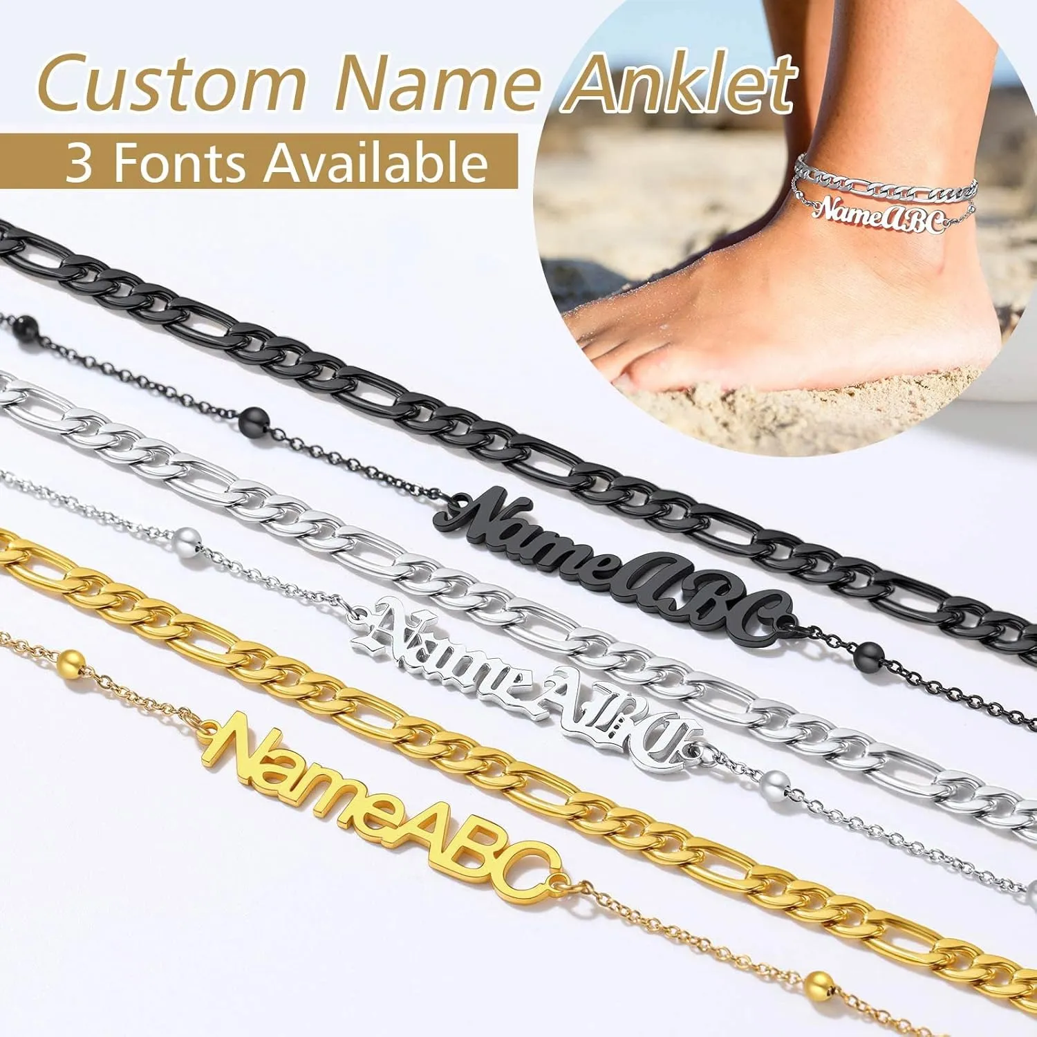 FindChic Stainless Steel Ankle Chain Bracelets for Women Cuban Curb/Figaro/Box Links Beach Foot Jewelry 8.5''-10.5'' Adjustable Anklet, with Jewelry Box