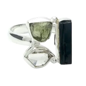 Fine Sterling Silver Ring For Womens Genuine Moldavite Herkimer Diamond Shungite Ring Sterling Silver Engagement Ring Prong Set Gemstone Ring