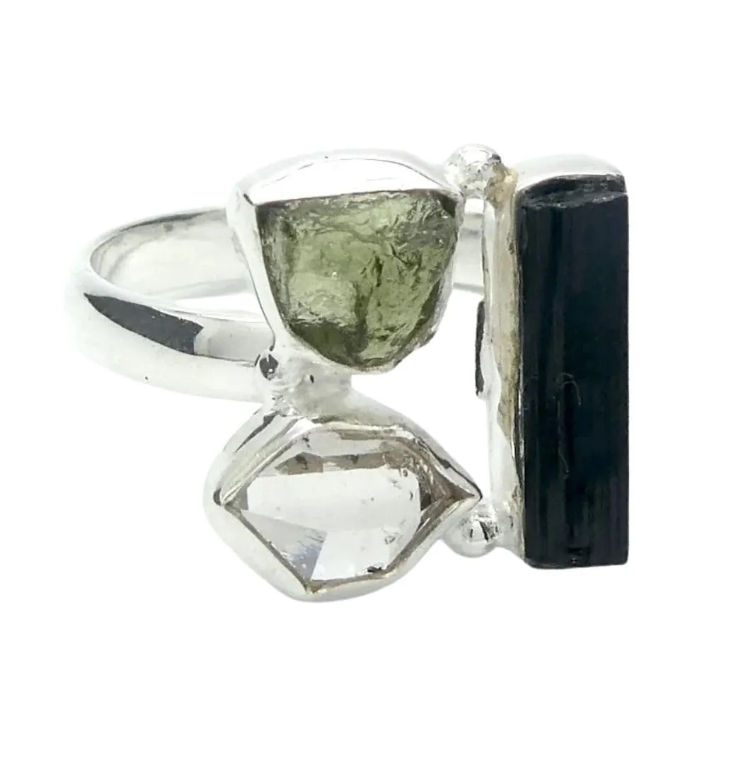 Fine Sterling Silver Ring For Womens Genuine Moldavite Herkimer Diamond Shungite Ring Sterling Silver Engagement Ring Prong Set Gemstone Ring