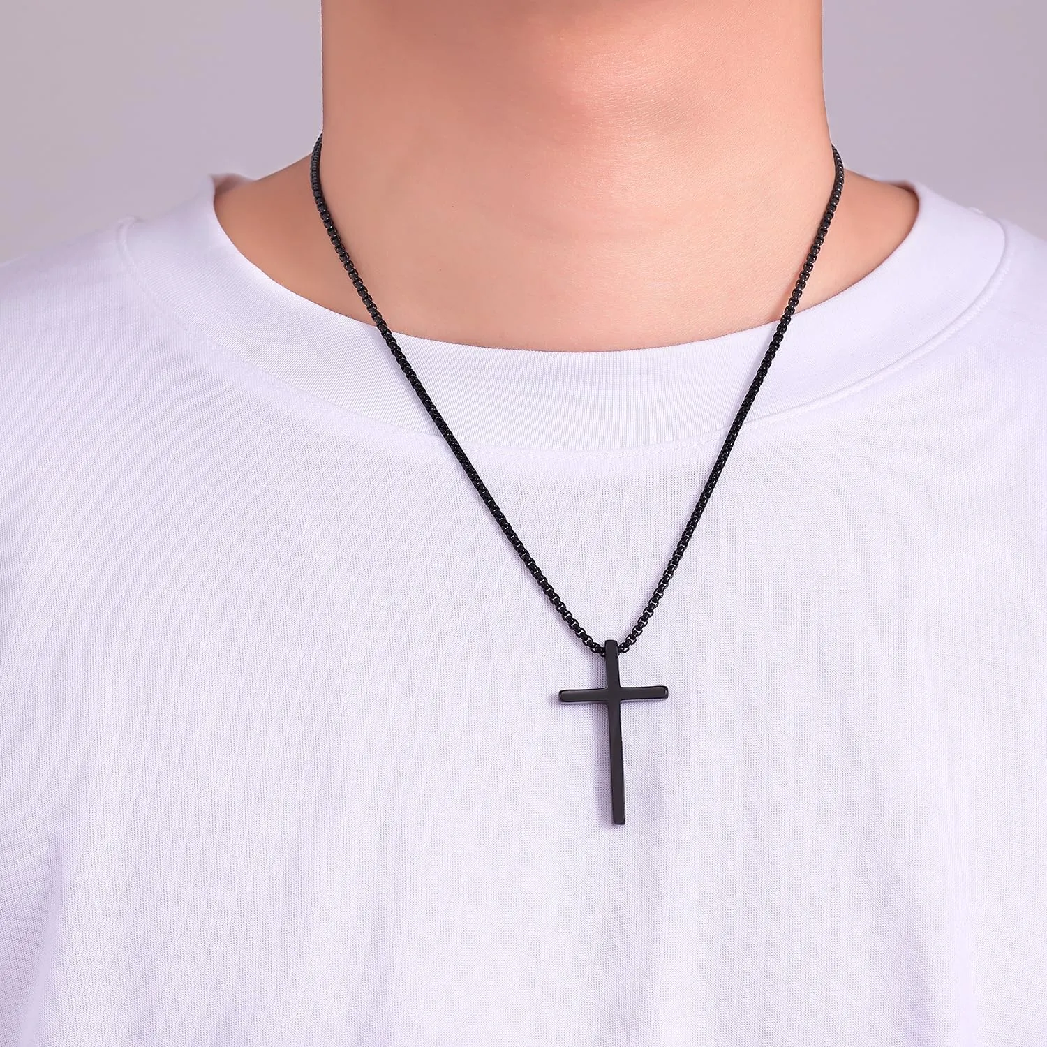 Fiusem Cross Necklace for Men, Silver/Gold/Black Mens Cross Necklaces with 2.5mm Cross Chain and Stainless Steel Cross Pendant, Box Chain 16-24 Inch