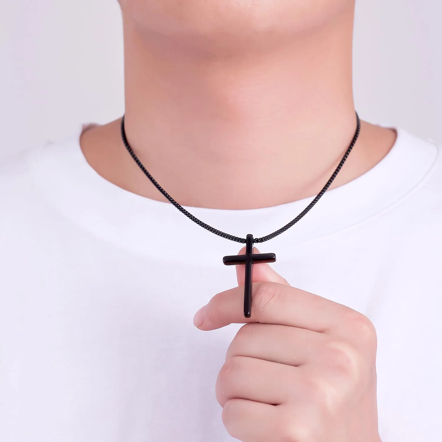 Fiusem Cross Necklace for Men, Silver/Gold/Black Mens Cross Necklaces with 2.5mm Cross Chain and Stainless Steel Cross Pendant, Box Chain 16-24 Inch