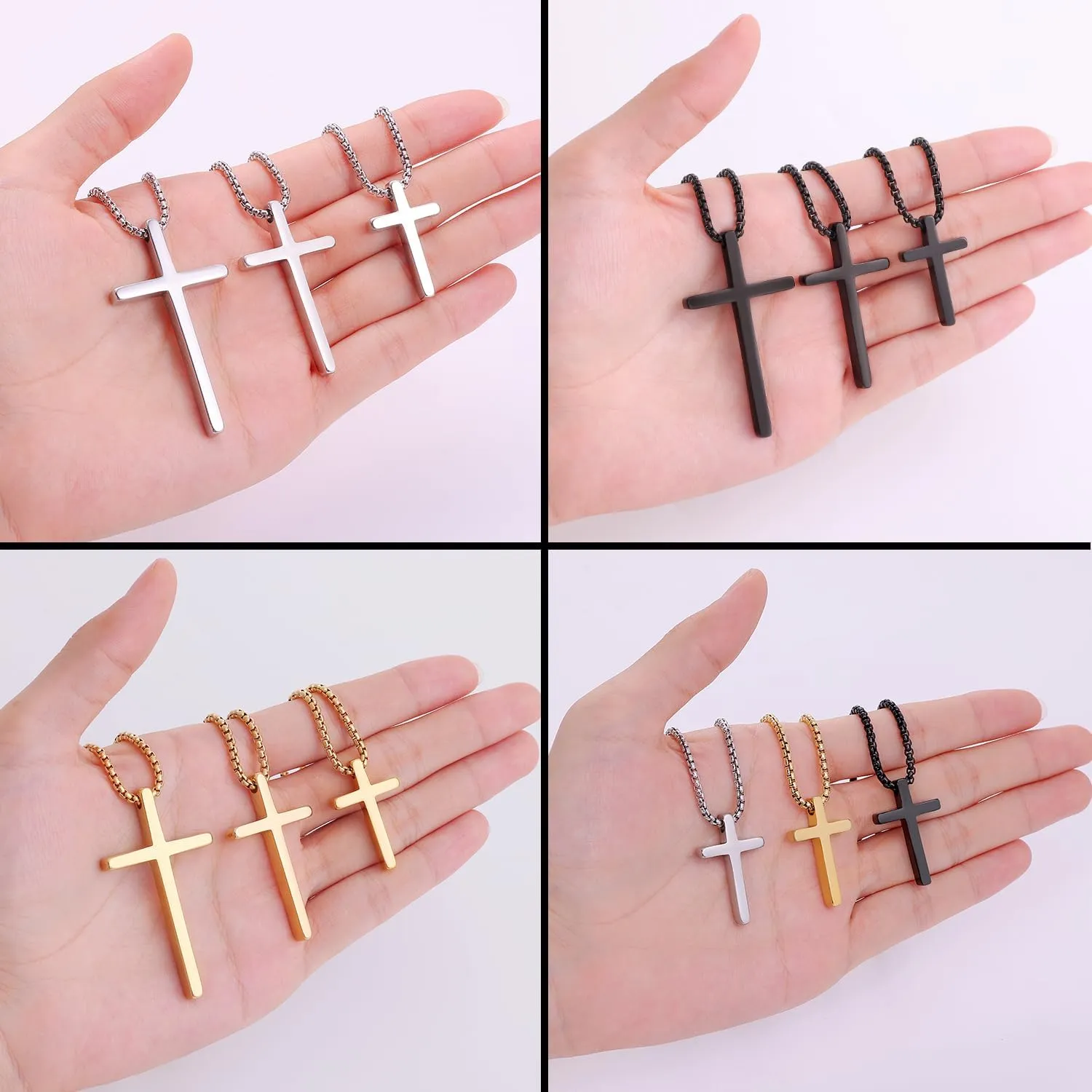 Fiusem Cross Necklace for Men, Silver/Gold/Black Mens Cross Necklaces with 2.5mm Cross Chain and Stainless Steel Cross Pendant, Box Chain 16-24 Inch