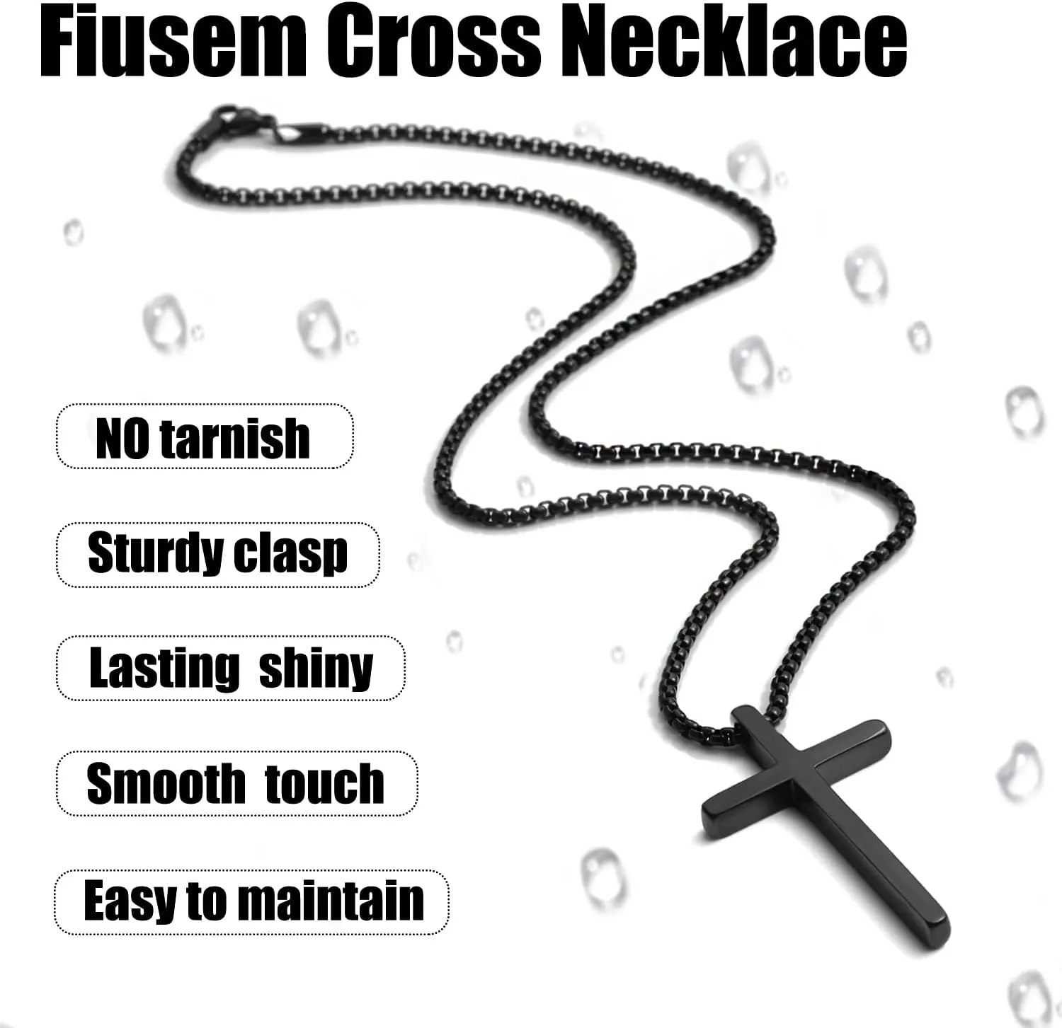 Fiusem Cross Necklace for Men, Silver/Gold/Black Mens Cross Necklaces with 2.5mm Cross Chain and Stainless Steel Cross Pendant, Box Chain 16-24 Inch