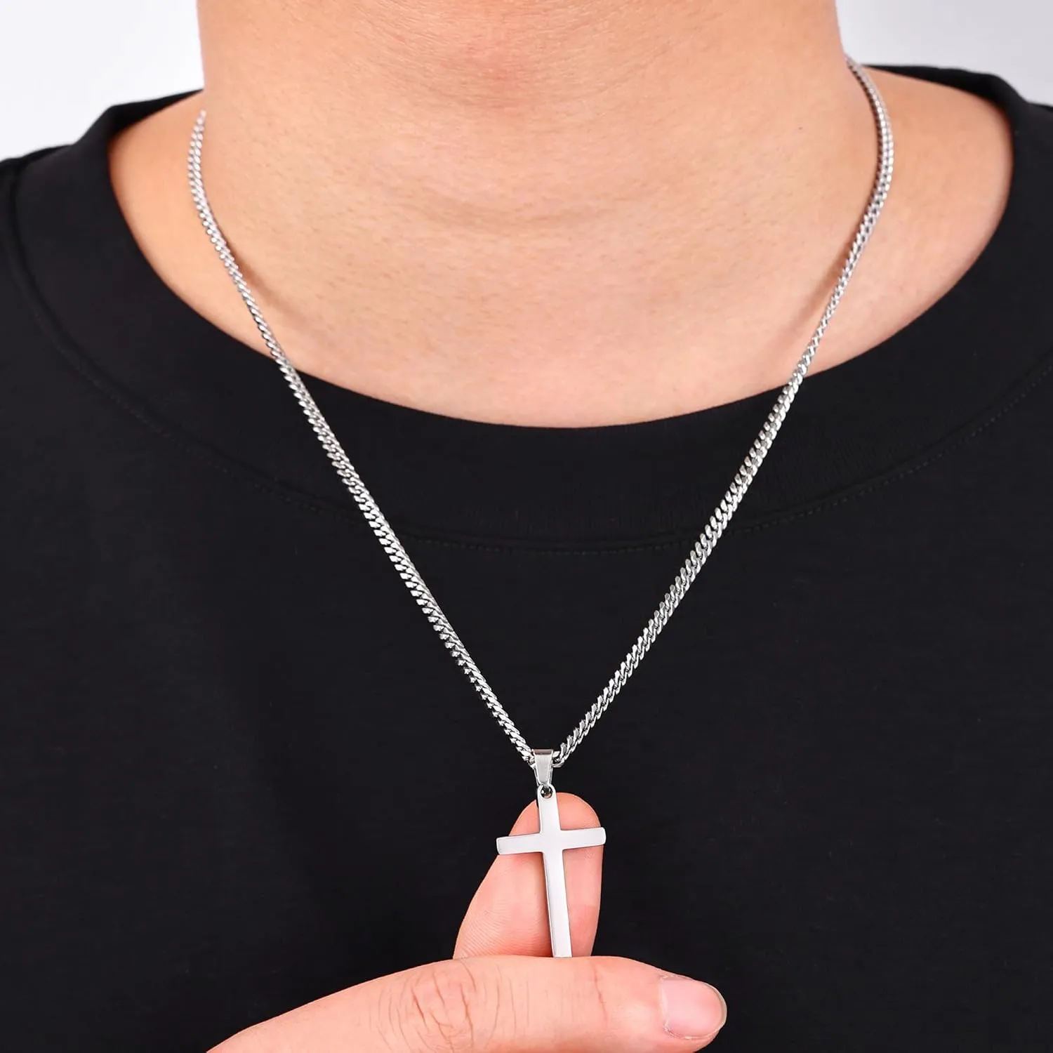 Fiusem Silver Tone Cross Necklace for Men, Mens Cross Necklaces with 3.5mm Chain and Stainless Steel Pendant, Cuban Chain 16-24 Inches