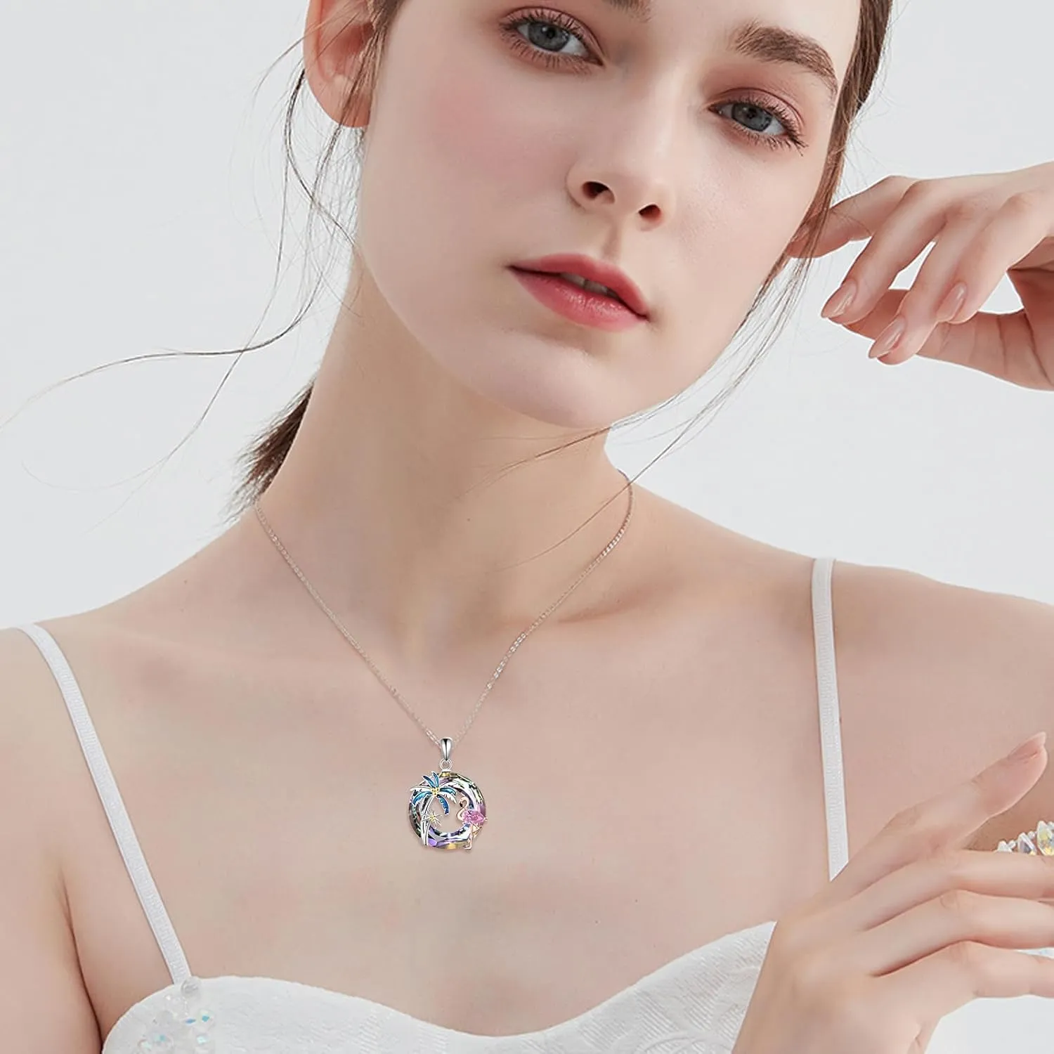 Flamingo Necklace for Women 925 Sterling Silver Flamingo Pendant Palm Trees Necklace Crystal Jewelry Gift