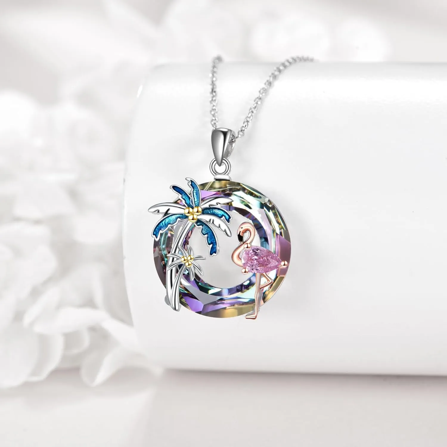 Flamingo Necklace for Women 925 Sterling Silver Flamingo Pendant Palm Trees Necklace Crystal Jewelry Gift